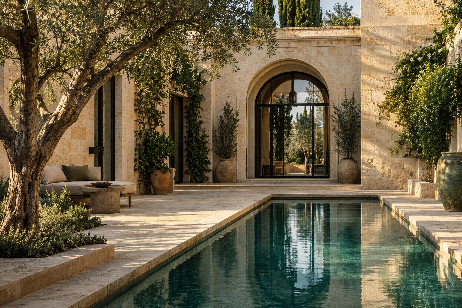 Olive tree and reflecting pool in the limestone courtyard