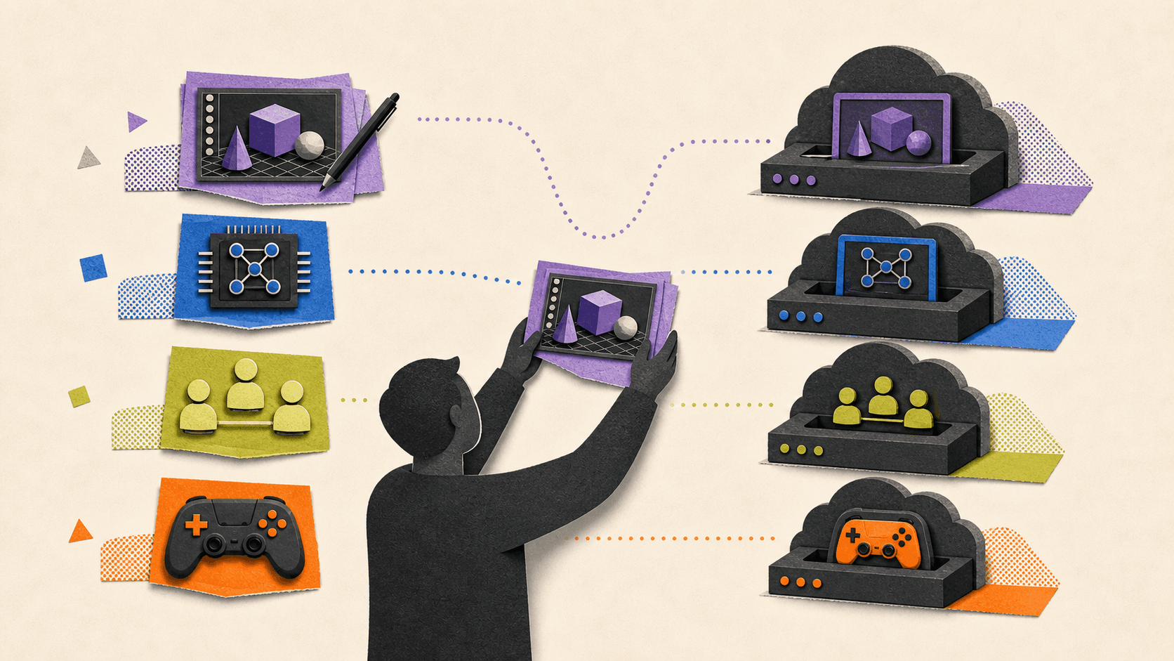 A user matches creative, AI, team, and gaming workload tokens to four different types of cloud machines.