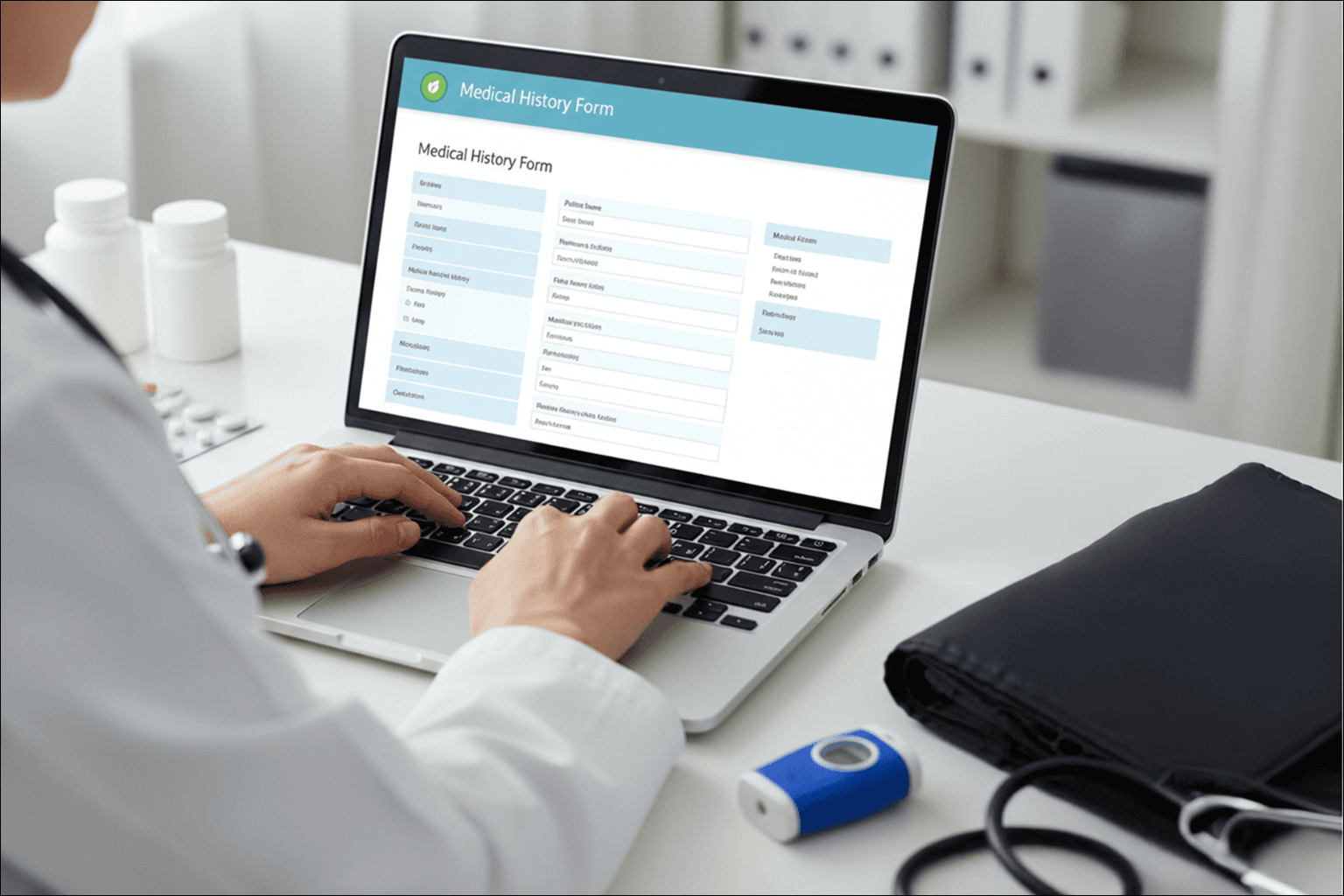 A clinician entering patient details into a digital medical history form on a laptop, illustrating how EHR systems like Cerner streamline electronic documentation.