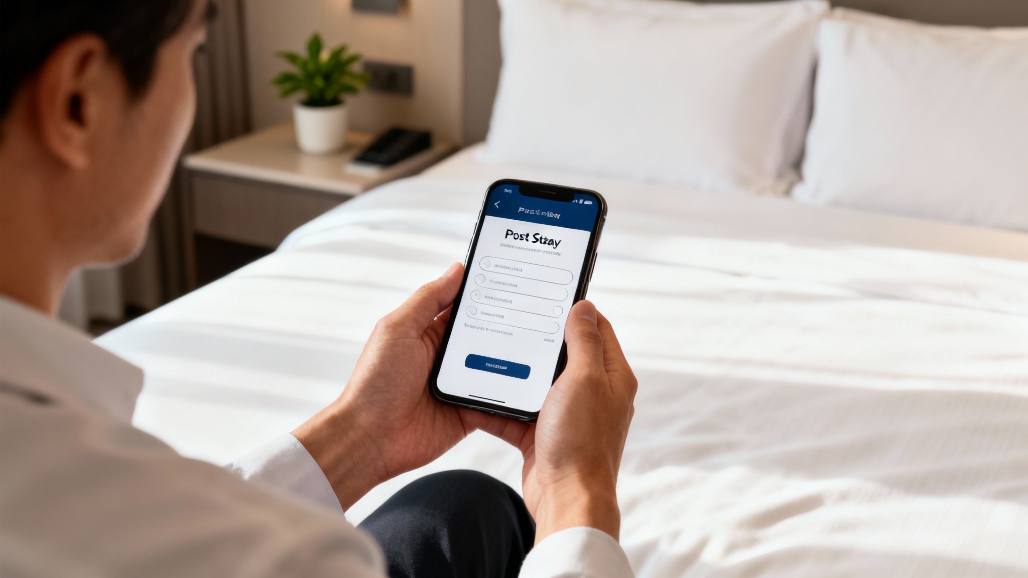 Man using a smartphone app to provide post-stay feedback on a hotel questionnaire.