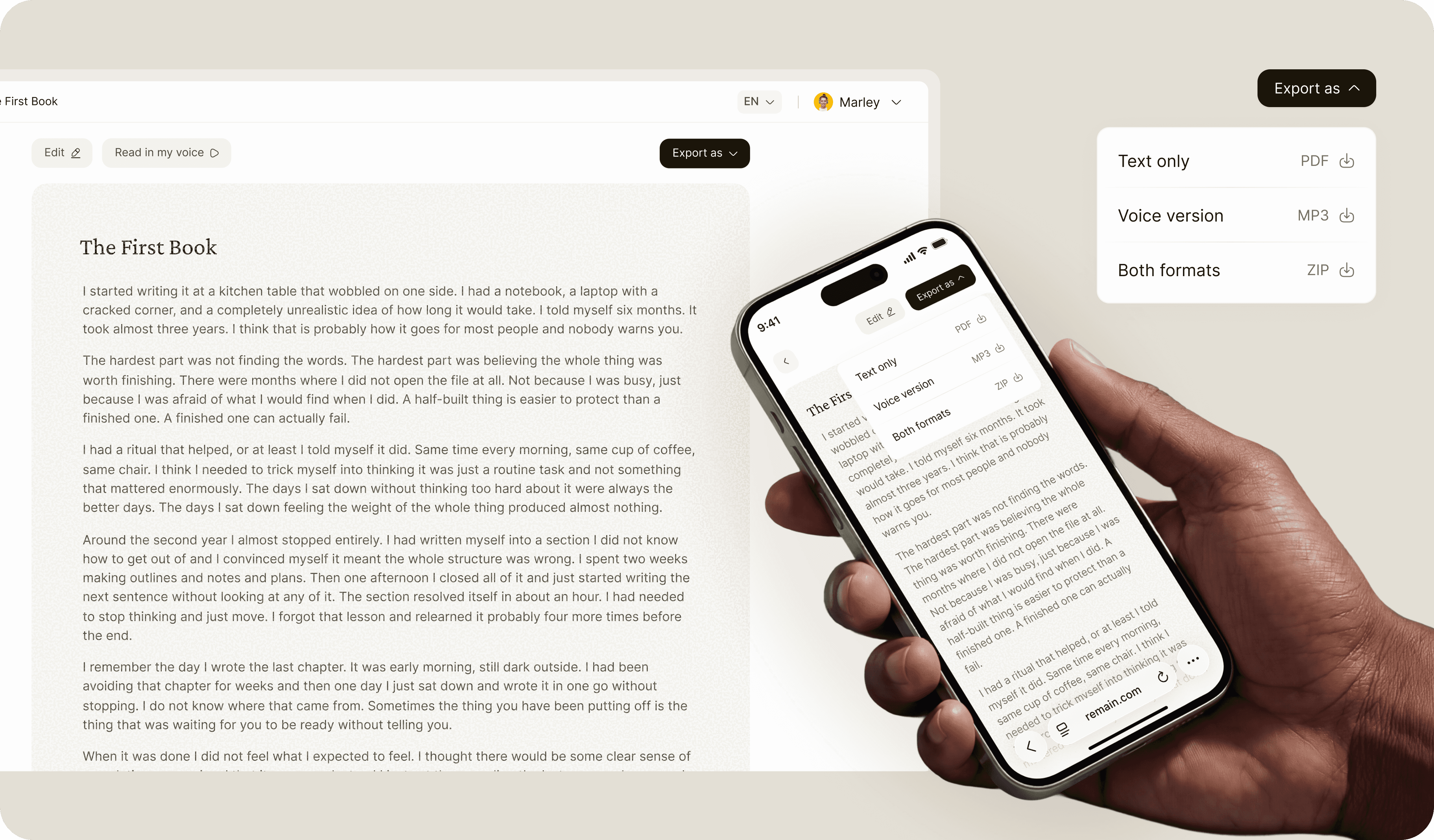 A hand holds a smartphone displaying a text document with a neutral background and user interface elements.