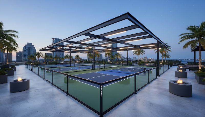 室內匹克球場專業設計工程，採用藍灰色高彈性防滑運動地板與標準標線，具備優質球速反饋與耐磨度。