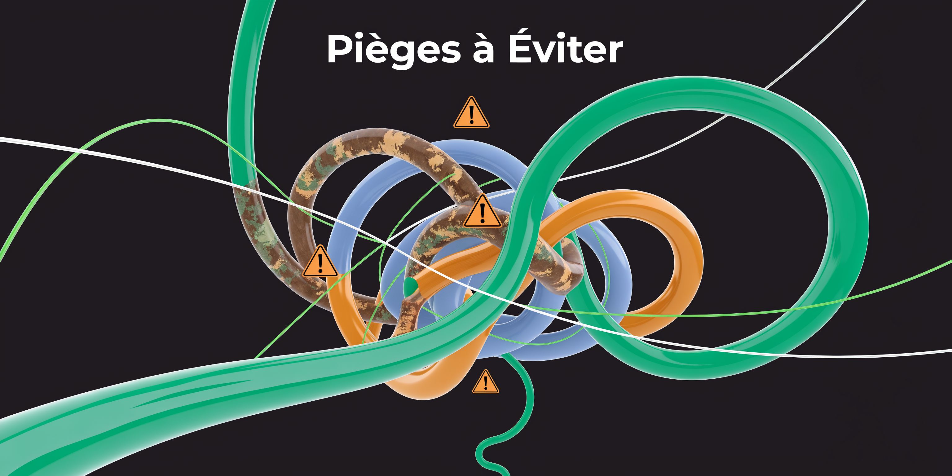 Une illustration 3D montrant des tuyaux entremêlés avec des icônes d'avertissement pour représenter les pièges à éviter.