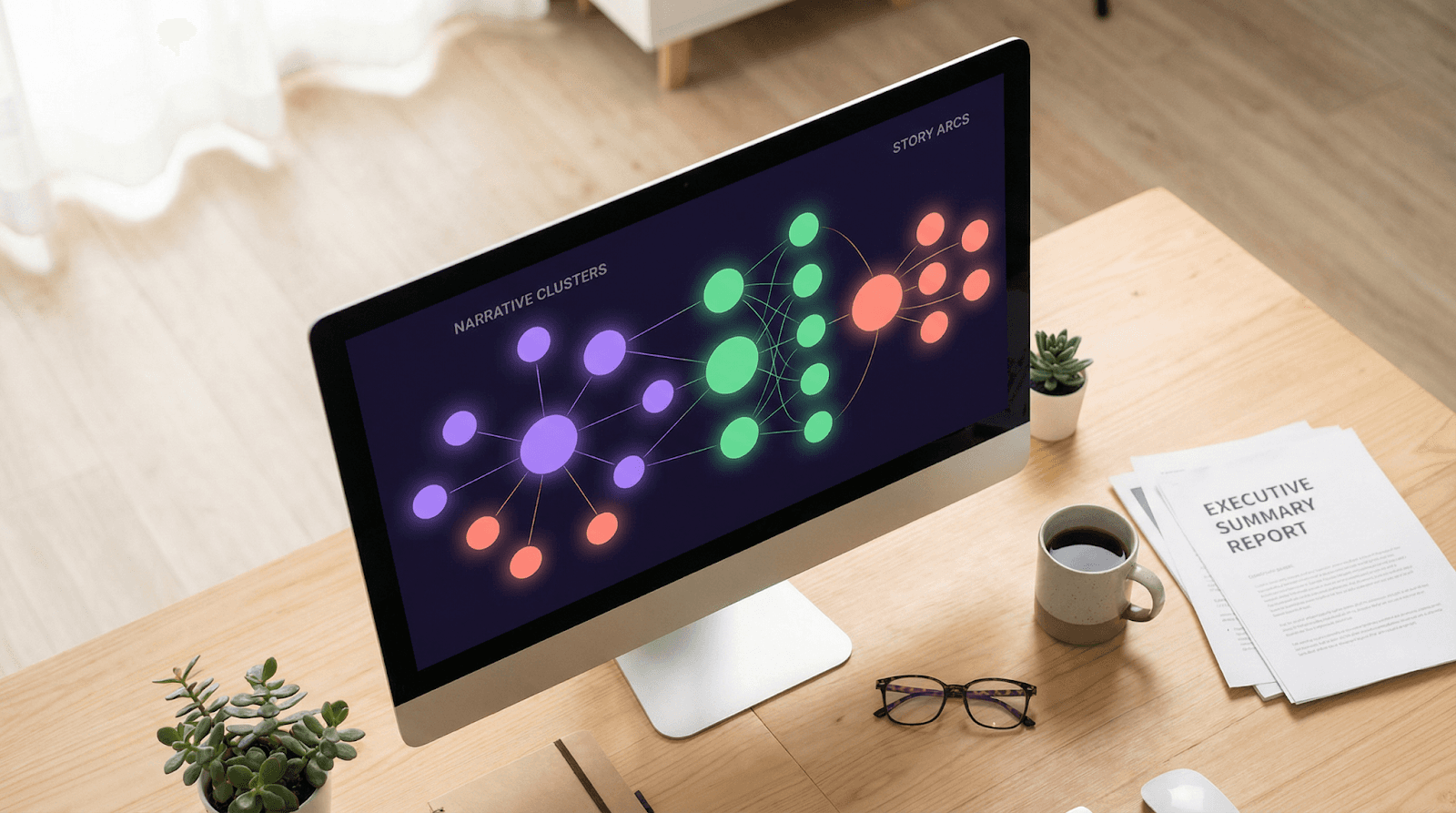 Communications professional workspace with monitor showing narrative intelligence dashboard displaying story clusters and sentiment analysis
