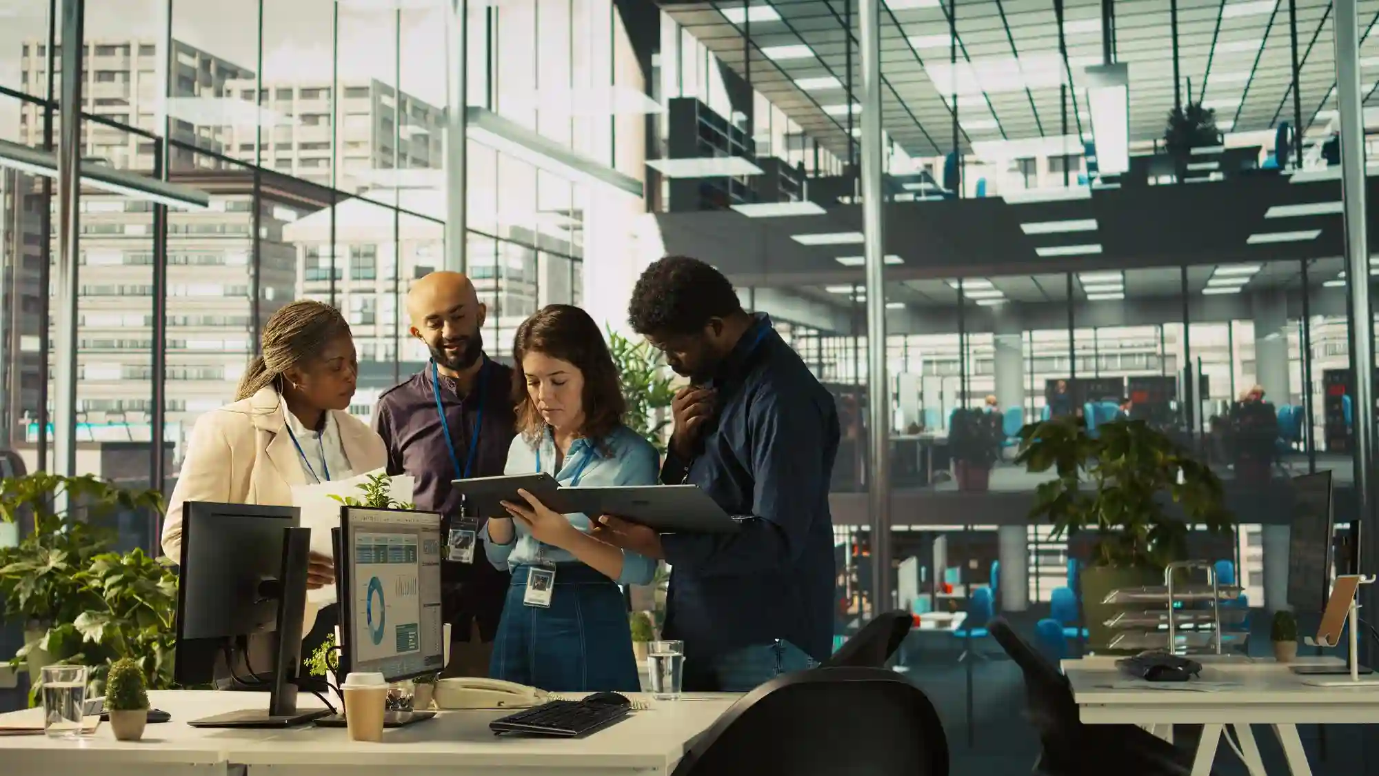 A diverse team of professionals collaborating on a project in a modern, sunlit open-plan office environment.