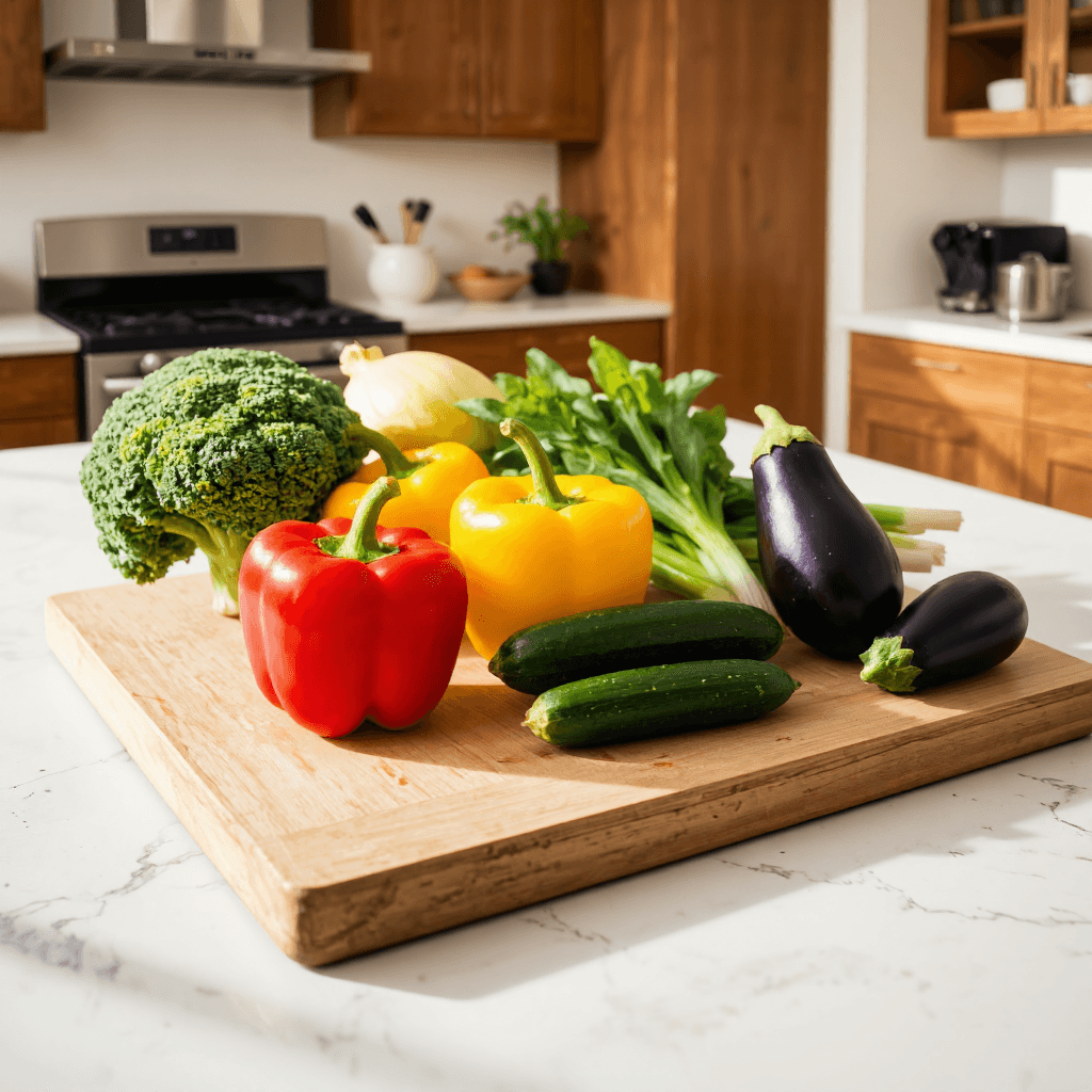 product photography of Fresh vegetables and kitchenware