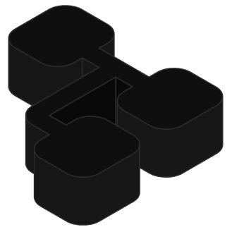 A large black cube supporting two smaller cubes on its surface, forming a stacked geometric display.