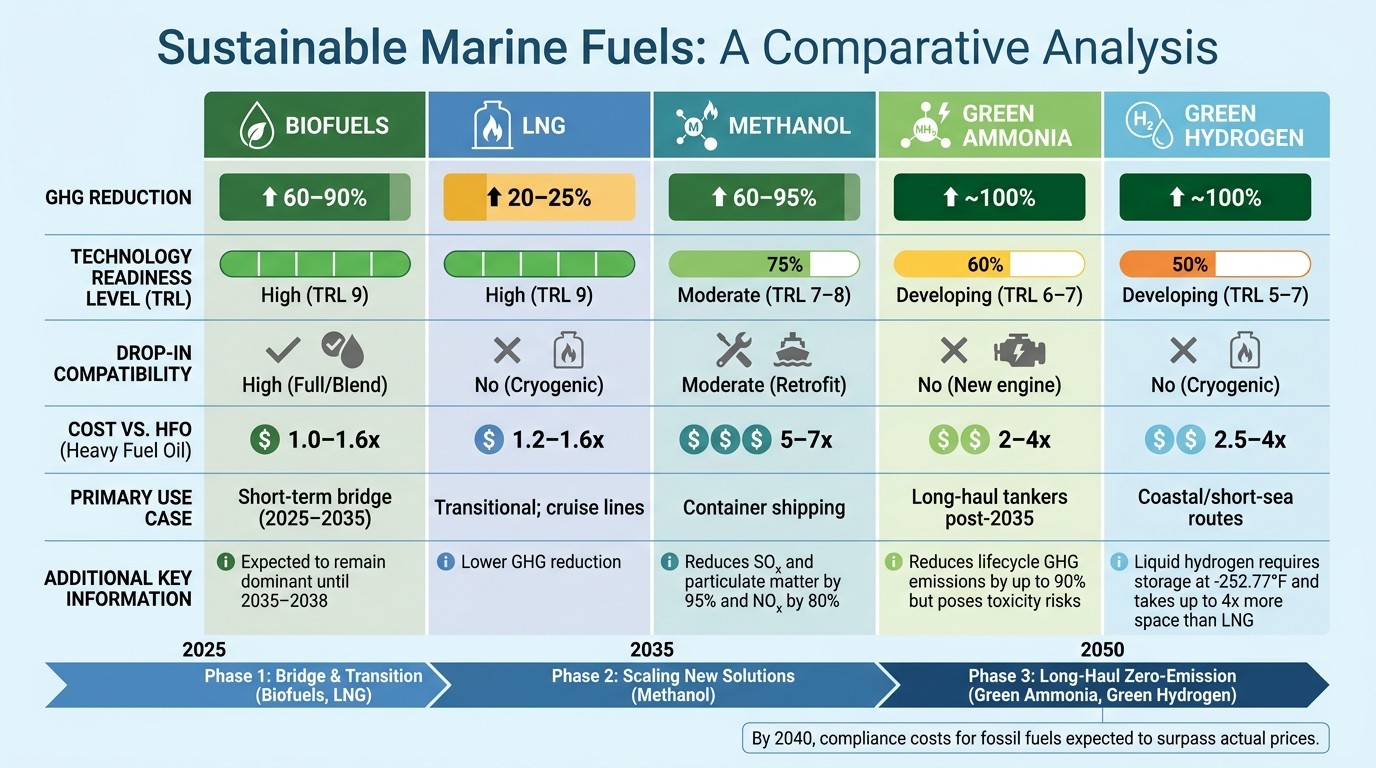 Sustainable Marine Fuels Comparison: GHG Reduction, Costs, and Use Cases