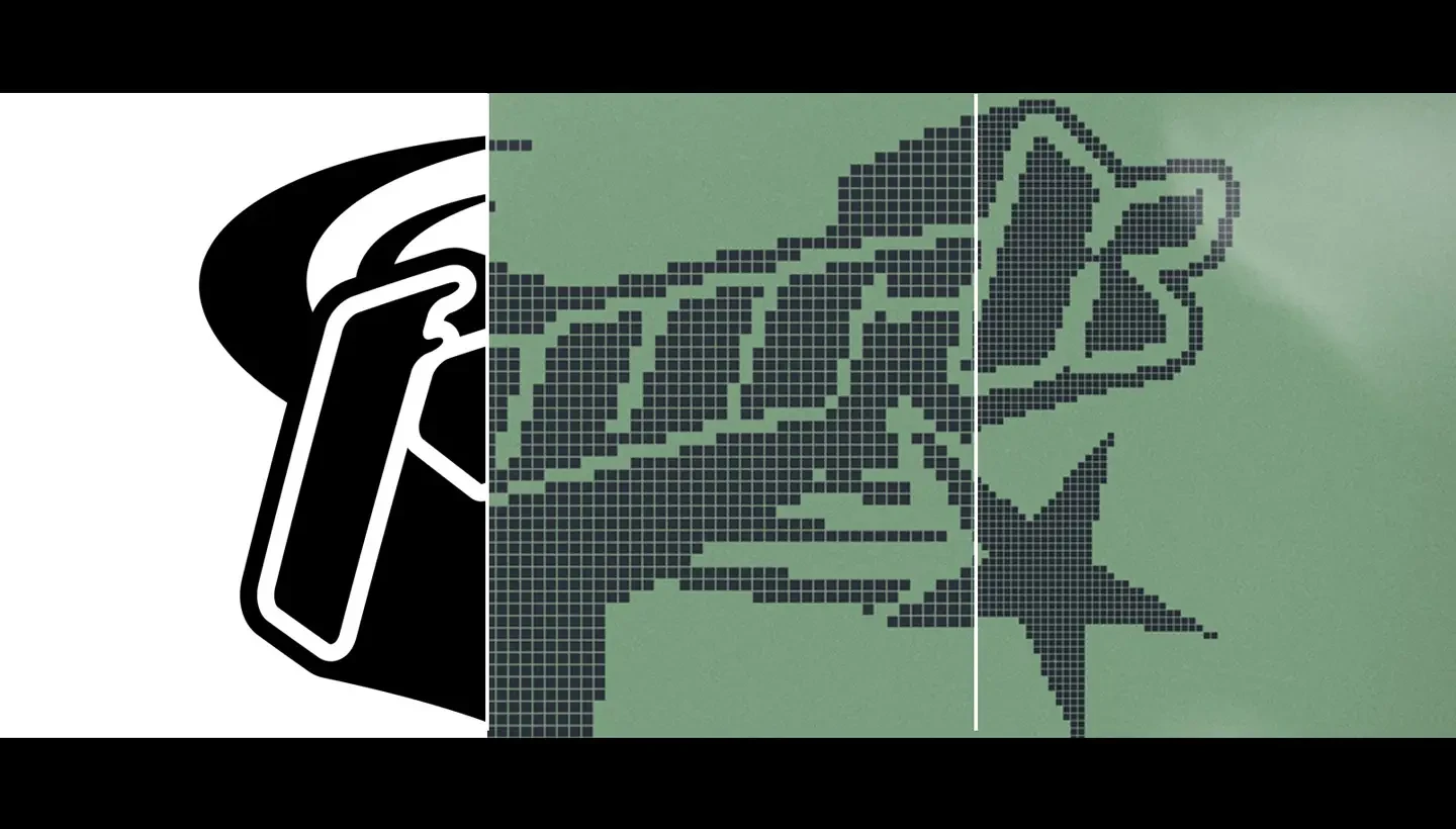 Side by side view of a flat black logo being converted into a pixelated LCD display effect