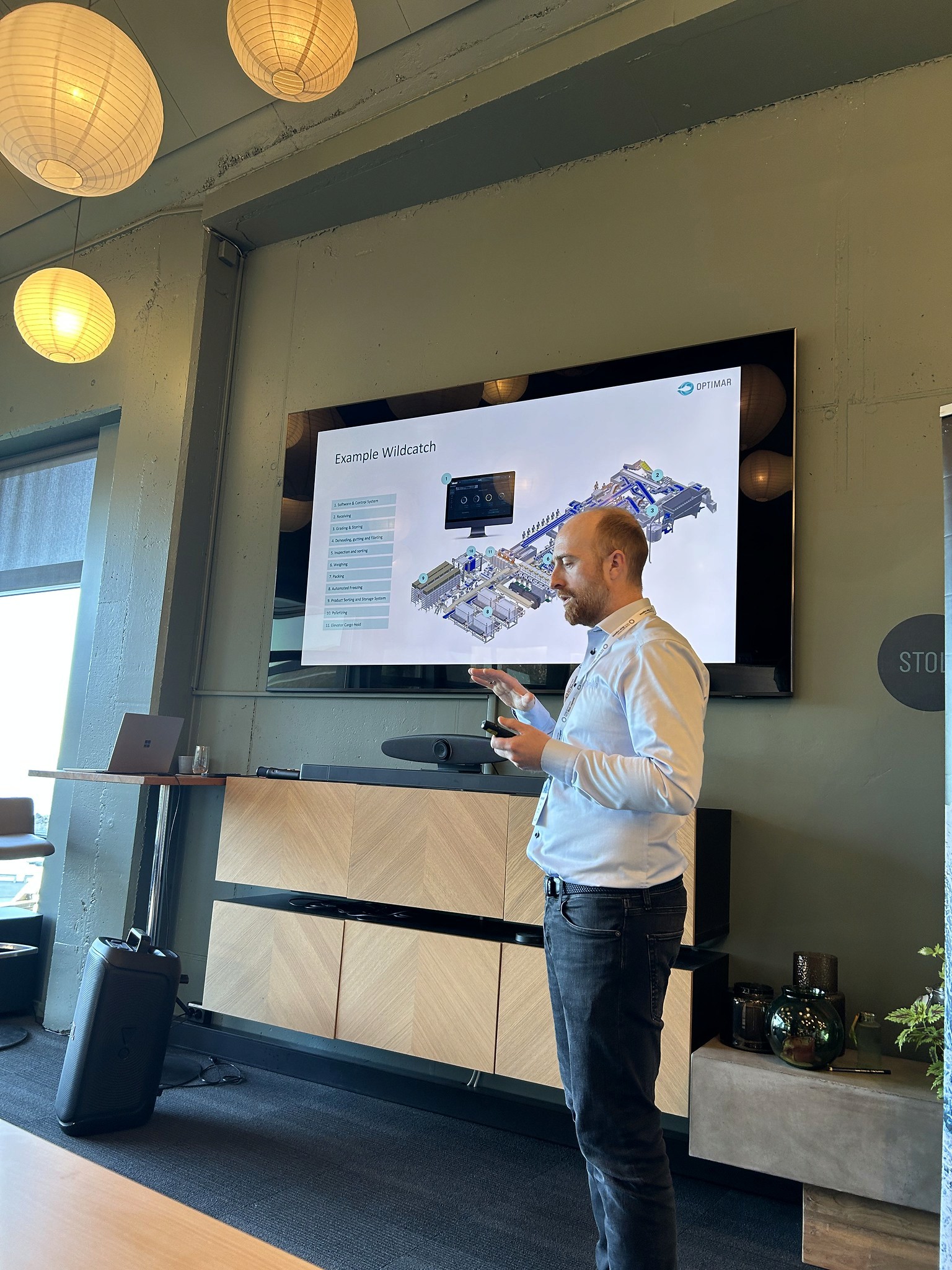 En person som presenterer i et konferanserom, med en stor skjerm som viser en grafikk i bakgrunnen.