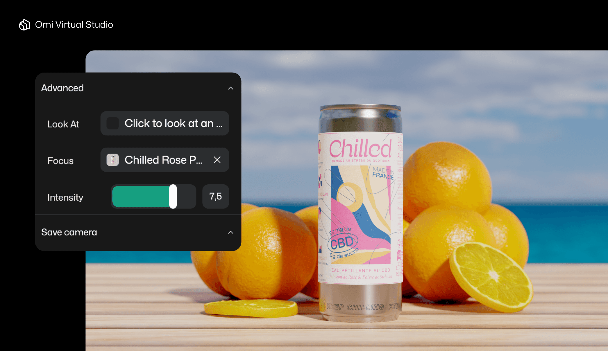 Virtual Studio interface choosing focus effect on can and decorative oranges. Ocean and sky in the background.