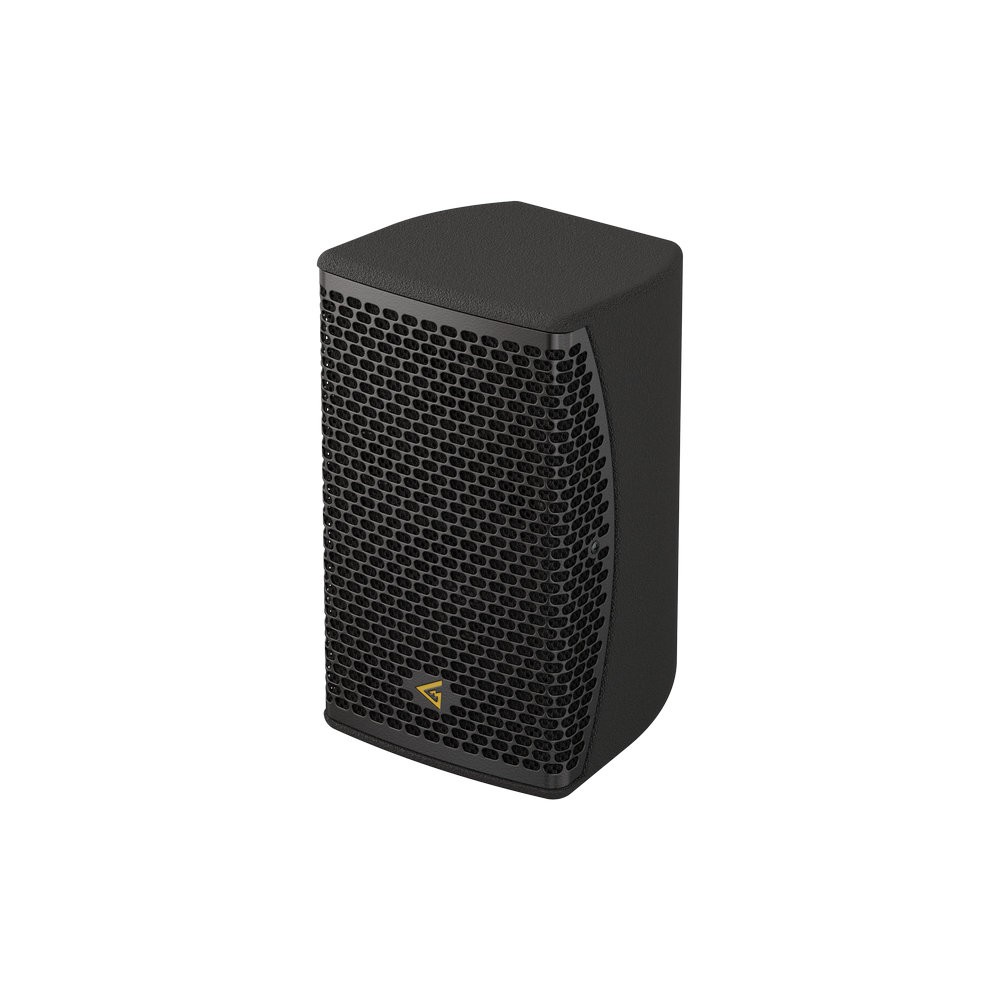 Black speaker with honeycomb grille and yellow logo