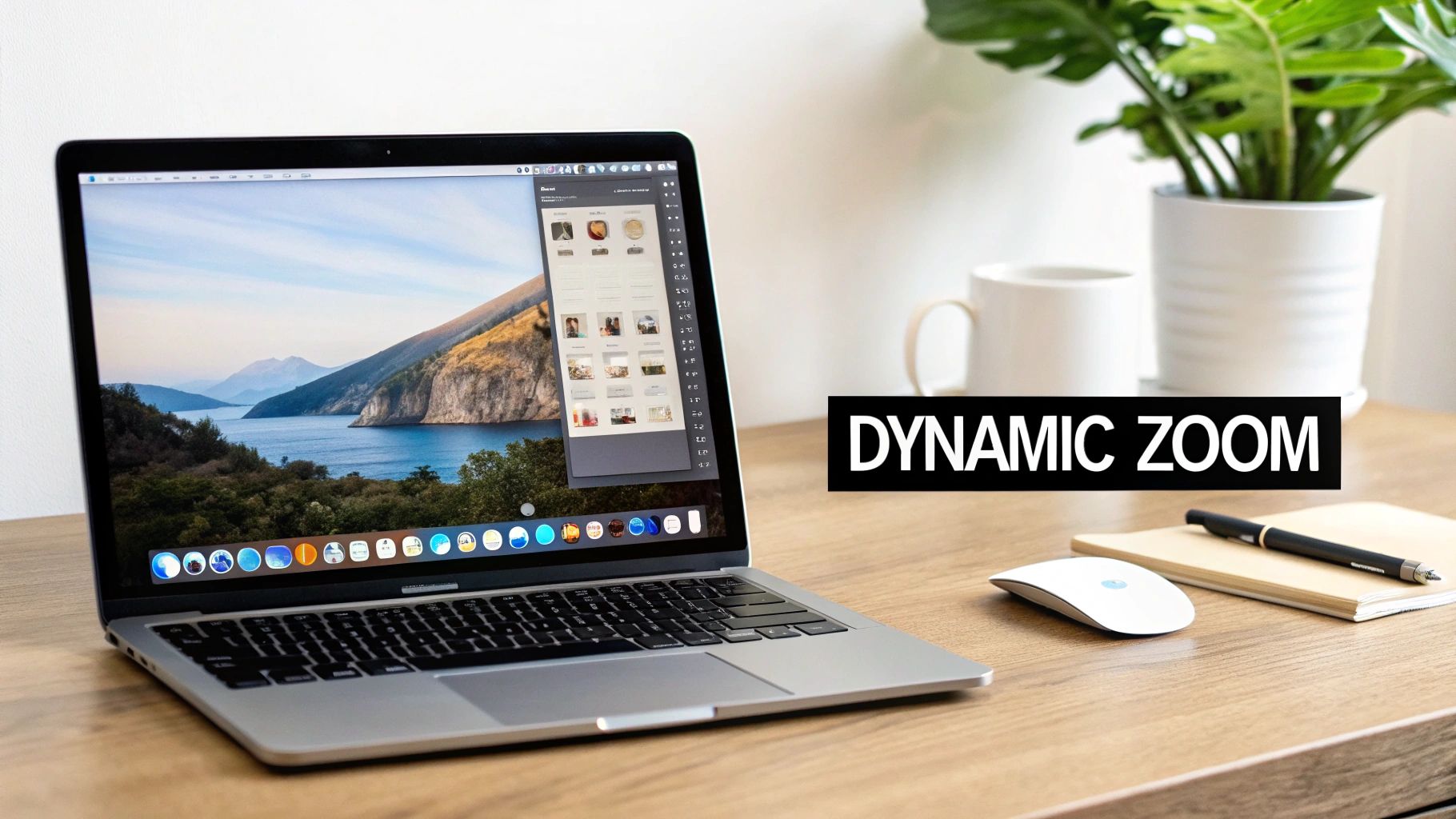 A modern workspace with a MacBook Pro displaying images and 'DYNAMIC ZOOM' text on a wooden desk.