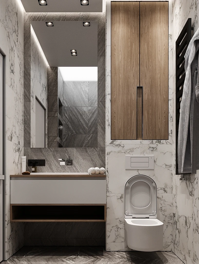 Crédence minérale continue : alignement des percements, finition mate, cohérence bois/minéral, Luxembourg.