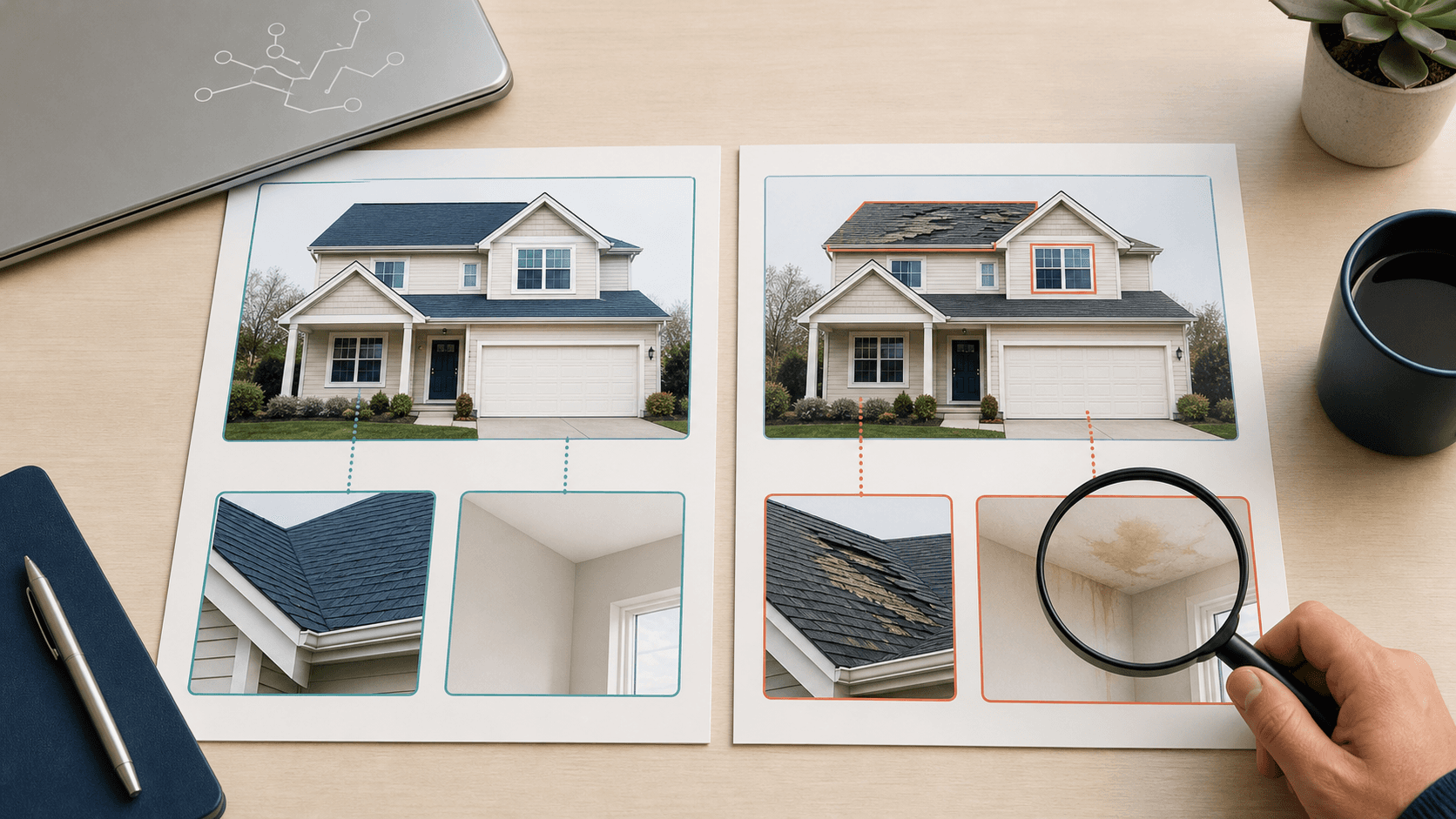 Create a clean editorial illustration for the section AI for Reviewing Disclosures and Inspection Reports in a homebuying guide for repeat buyers. Wide landscape composition, restrained navy, muted teal and warm cream palette, crisp approachable architectural illustration matching a home valuation graphic. Show an overhead desk with two document sheets side by side containing only pictorial house diagrams and photographic-style inset illustrations, no writing or simulated writing. One sheet shows an intact roof and dry wall, the other shows the same house with damaged roof shingles and a water stain. Subtle colored highlight outlines and dotted connectors connect the conflicting physical details between the sheets. A human hand holds a magnifying glass over the water stain to convey verifying software-flagged discrepancies rather than trusting automated review alone. A closed laptop with a small abstract circuit motif nearby suggests AI assistance. Clear uncluttered visual hierarchy, generous negative space, credible and calm rather than futuristic. Entirely visual: no text, words, letters, numbers, captions, labels, logos or watermarks.