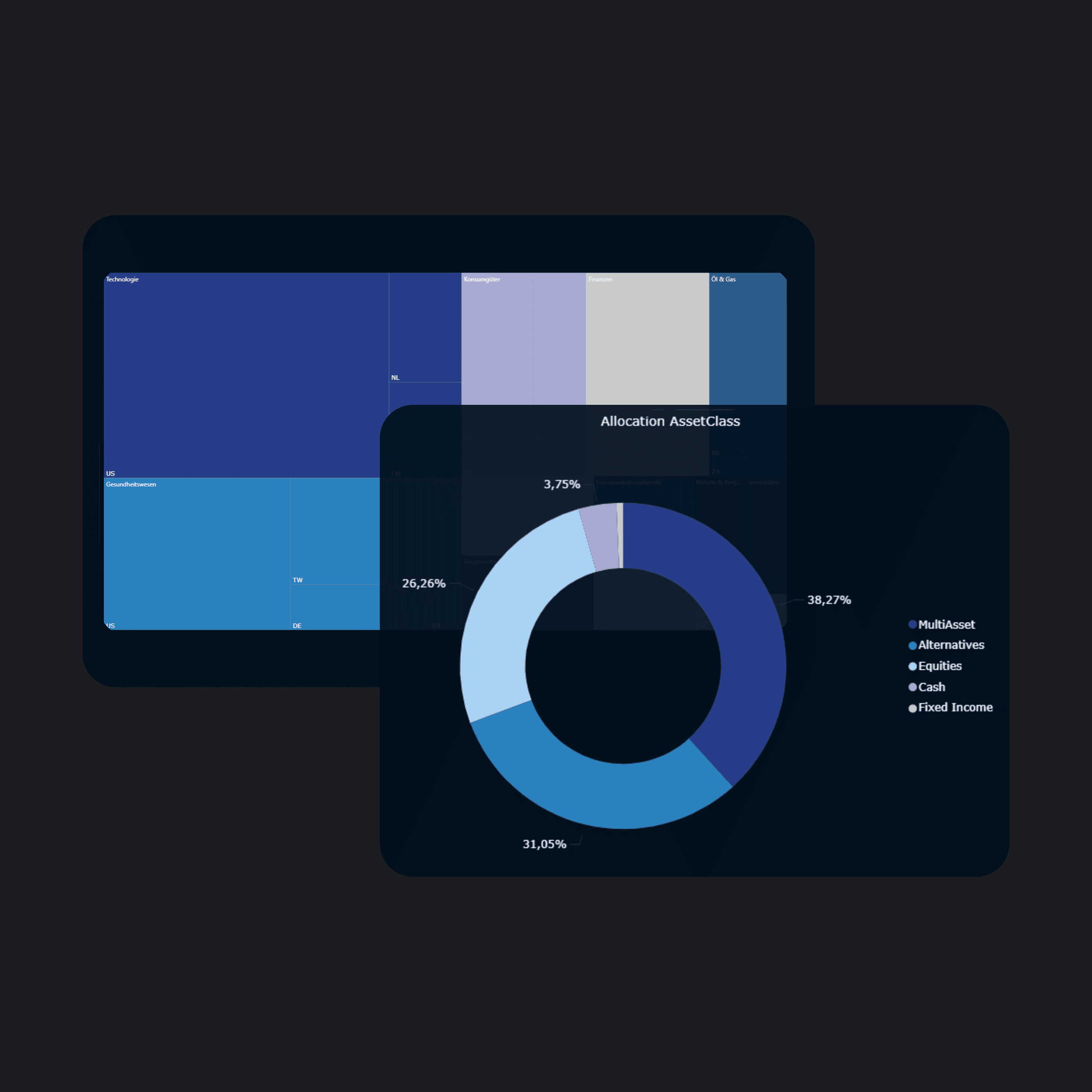 Symbolgrafik mit Bildschirm und Diagrammen – Visualisierung für flexibles, interaktives Reporting durch Endnutzer.