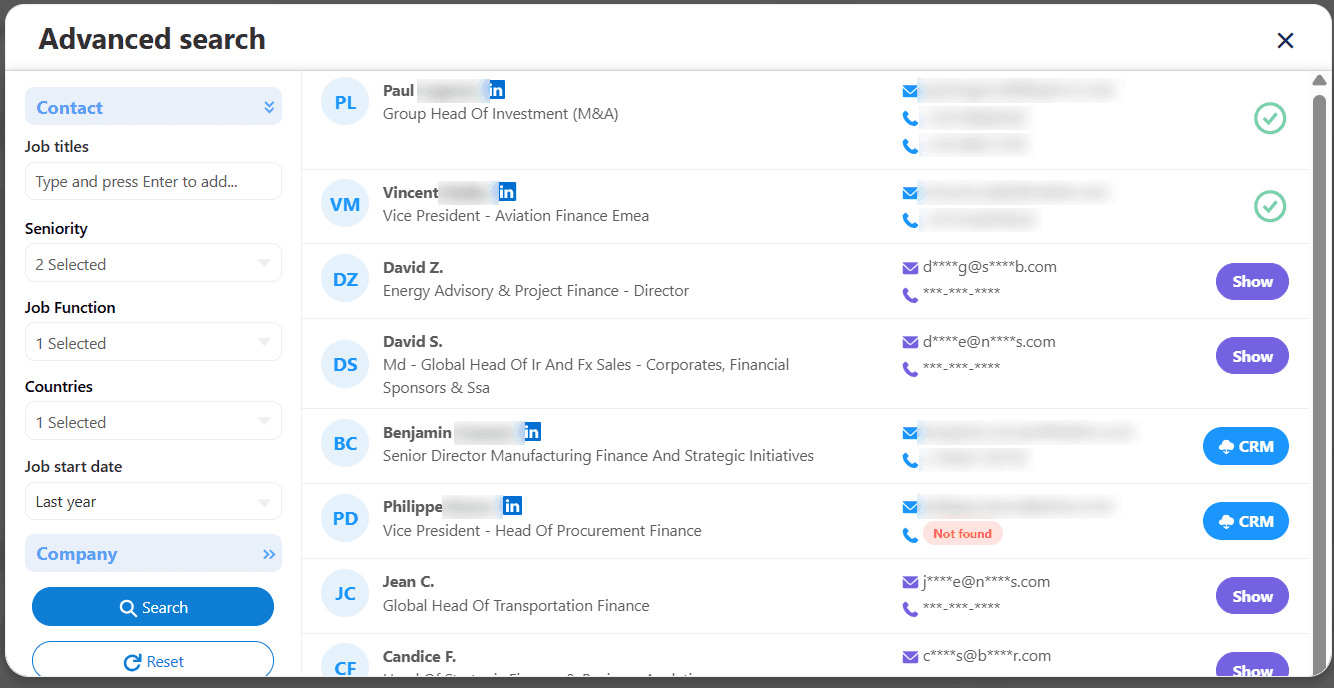 The EverReady Advanced search window: job title, seniority, job function, country and job start date filters on the left; on the right, the contacts found, with masked details and a Show button, or details already revealed and a CRM button