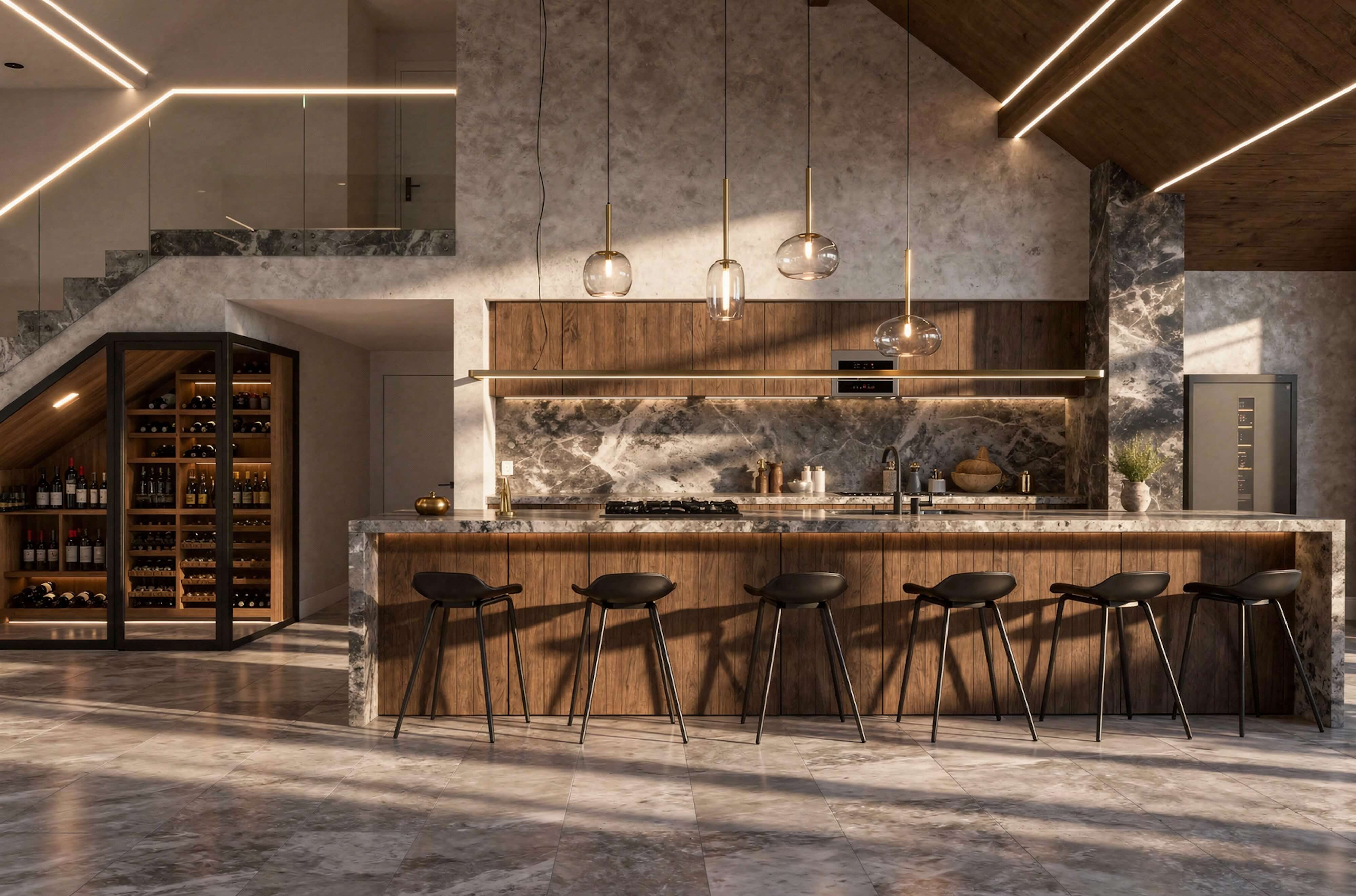 Elegant neutral kitchen with fluted marble island, globe chandelier, and soft brass accents.