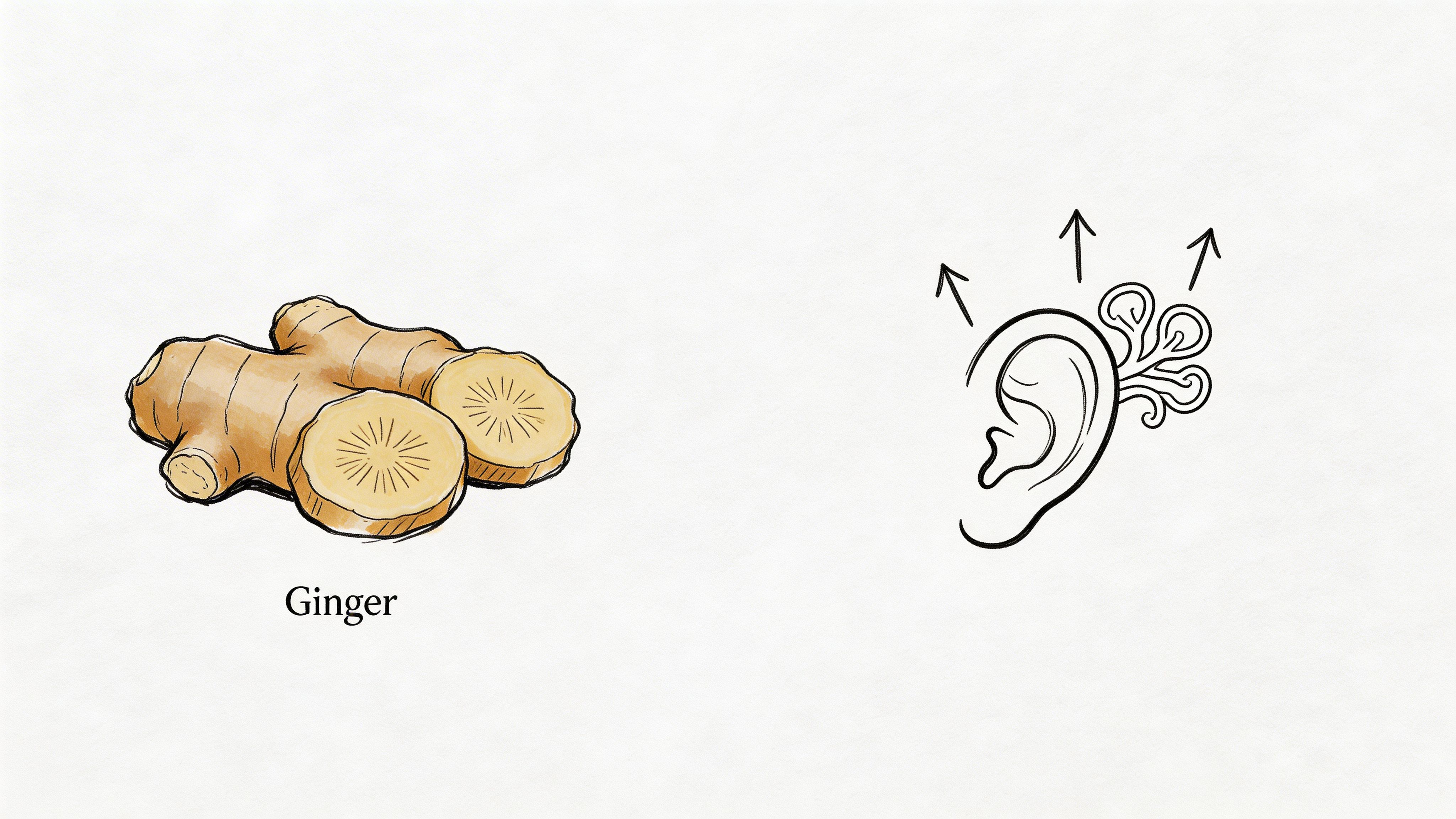 A ginger root illustration placed next to a stylized drawing of a human ear with arrows.