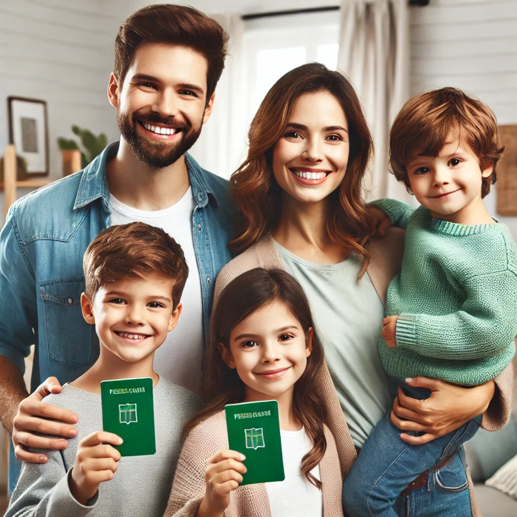 Happy family holding green cards in their living room