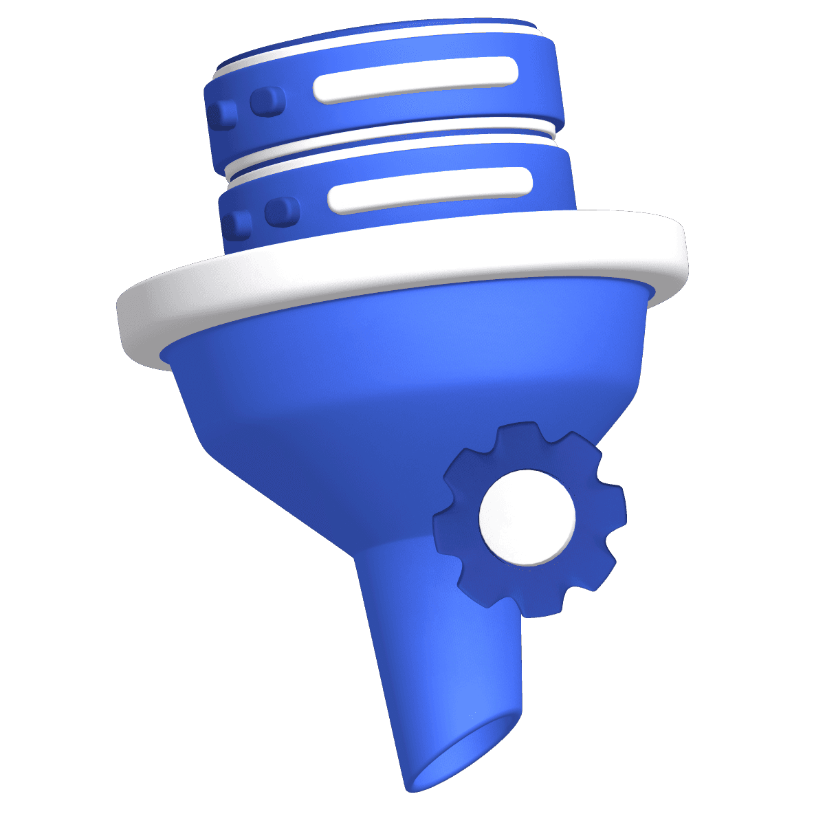 3D blue and white data funnel icon with a small gear symbol