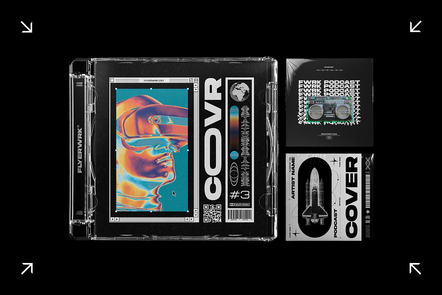 Futuritsic CD jewel case and podcast cover art mockups using Brachial ultra wide display font