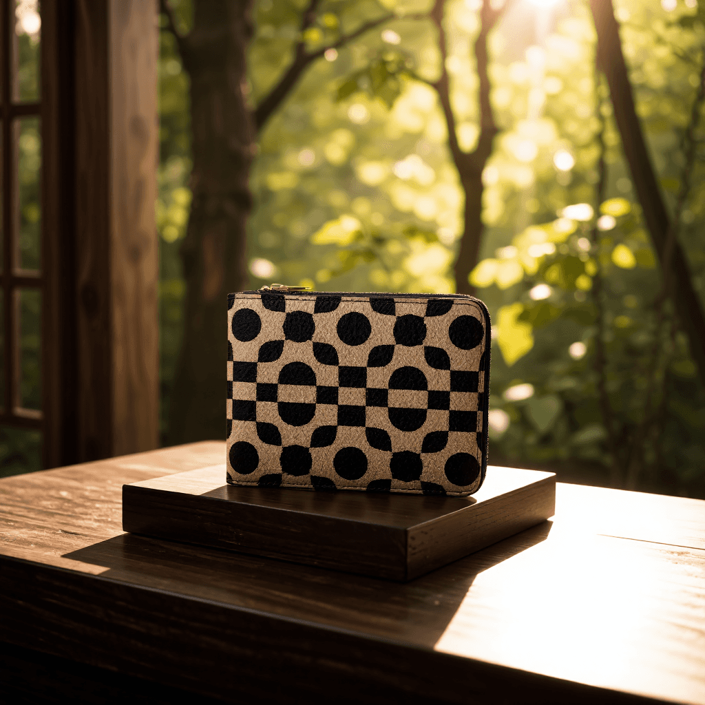 product photography of a patterned wallet or clutch