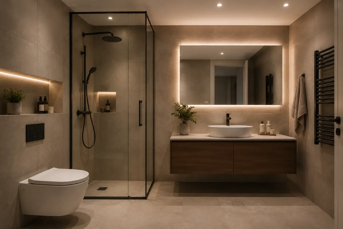 Premium ανακαίνιση μπάνιου με μεγάλα πλακίδια, walk-in shower και κρυφό φωτισμό LED στα Μεσόγεια