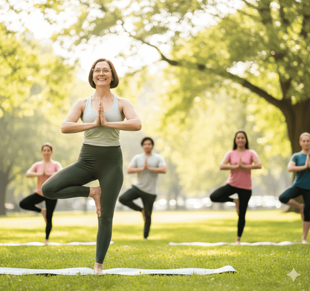 A group of five people of varying ages and genders practice yoga in a park. The woman at the forefront, wearing glasses and a light gray tank top with dark green leggings, smiles at the camera while holding the tree pose with her hands clasped in front of her chest. Behind her, four other individuals also perform the tree pose on yoga mats spread across the green grass. The background is filled with lush trees and dappled sunlight, creating a serene outdoor setting.