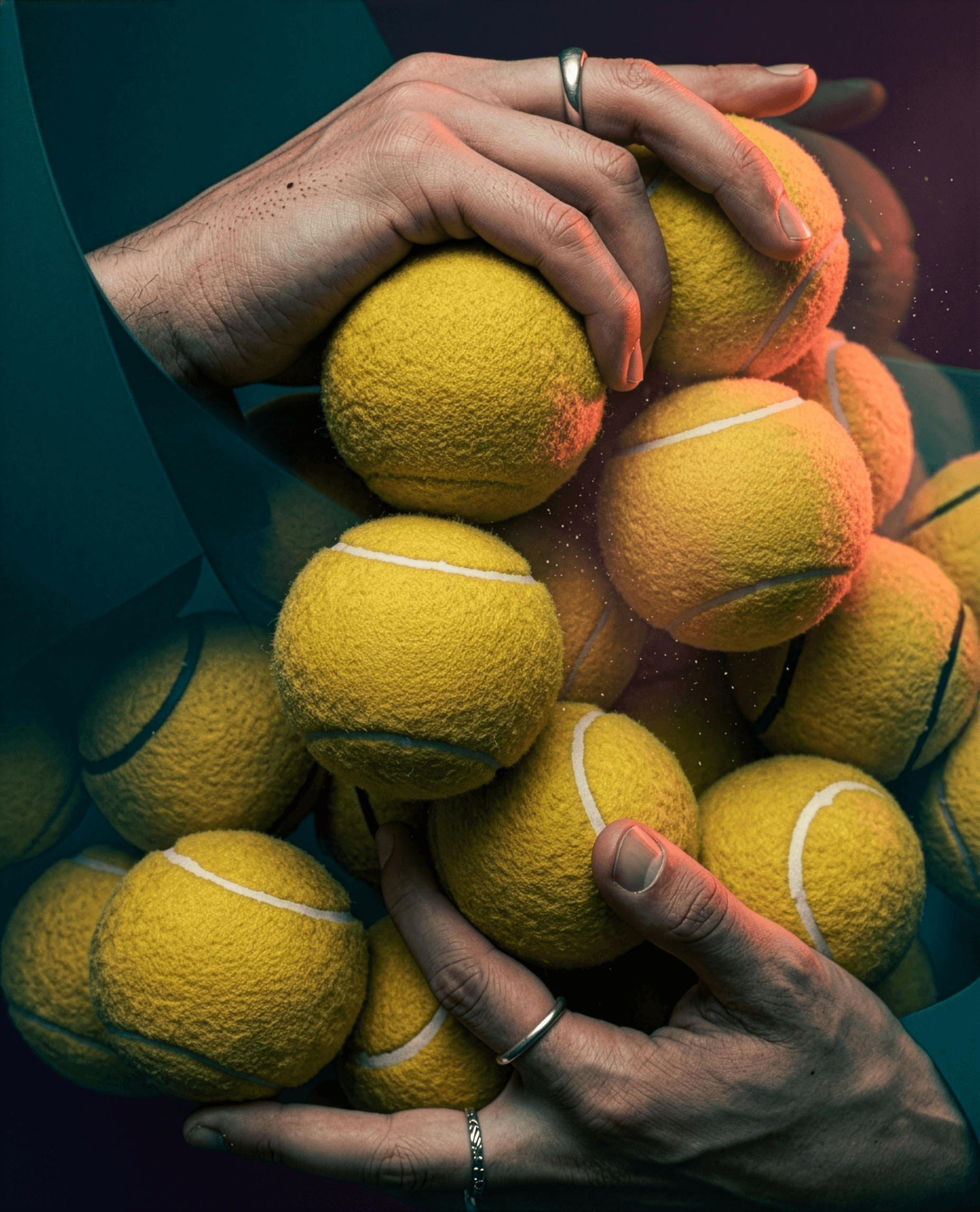 Tactile, editorial style image, hands are holding premium felt padelballs. 