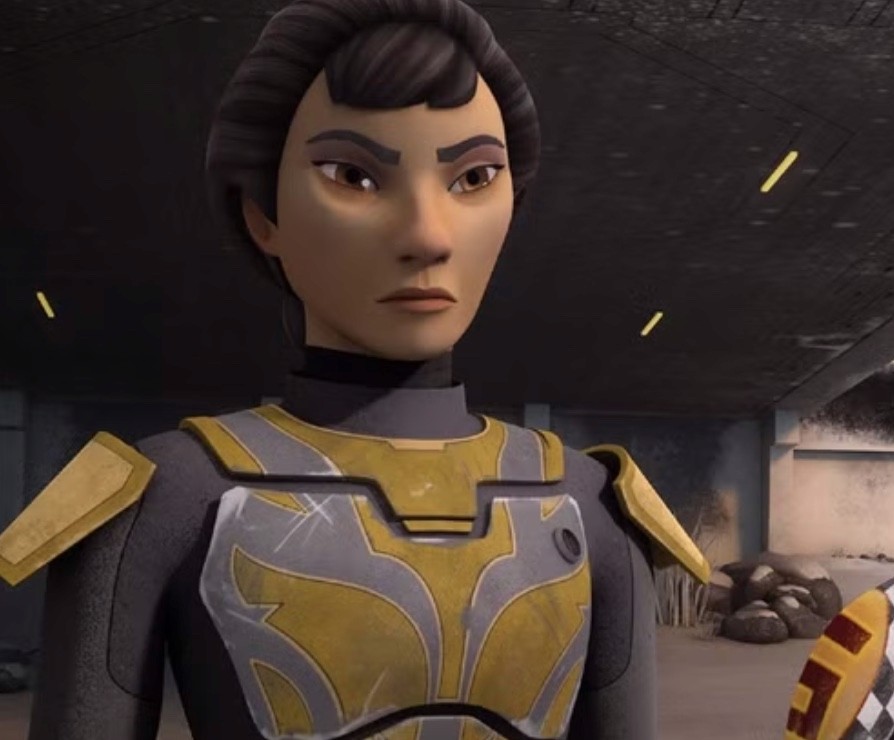 Ursa Wren in her yellow Mandalorian armor