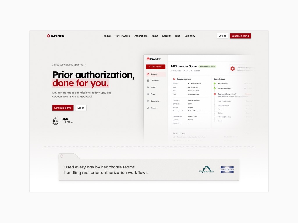 Davner healthcare prior-authorization website hero beside a light clinical workflow dashboard