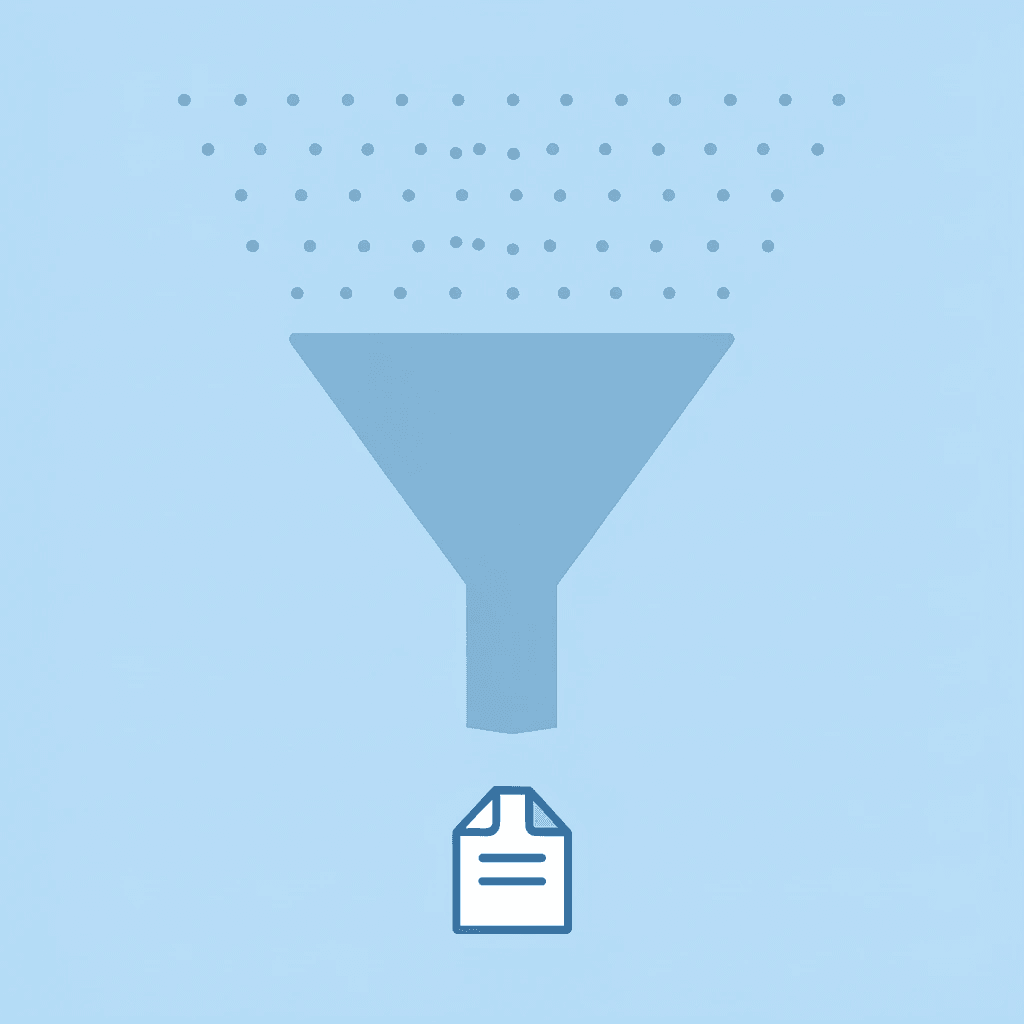 Funnel diagram showing how extensive research content is filtered down into a concise executive summary