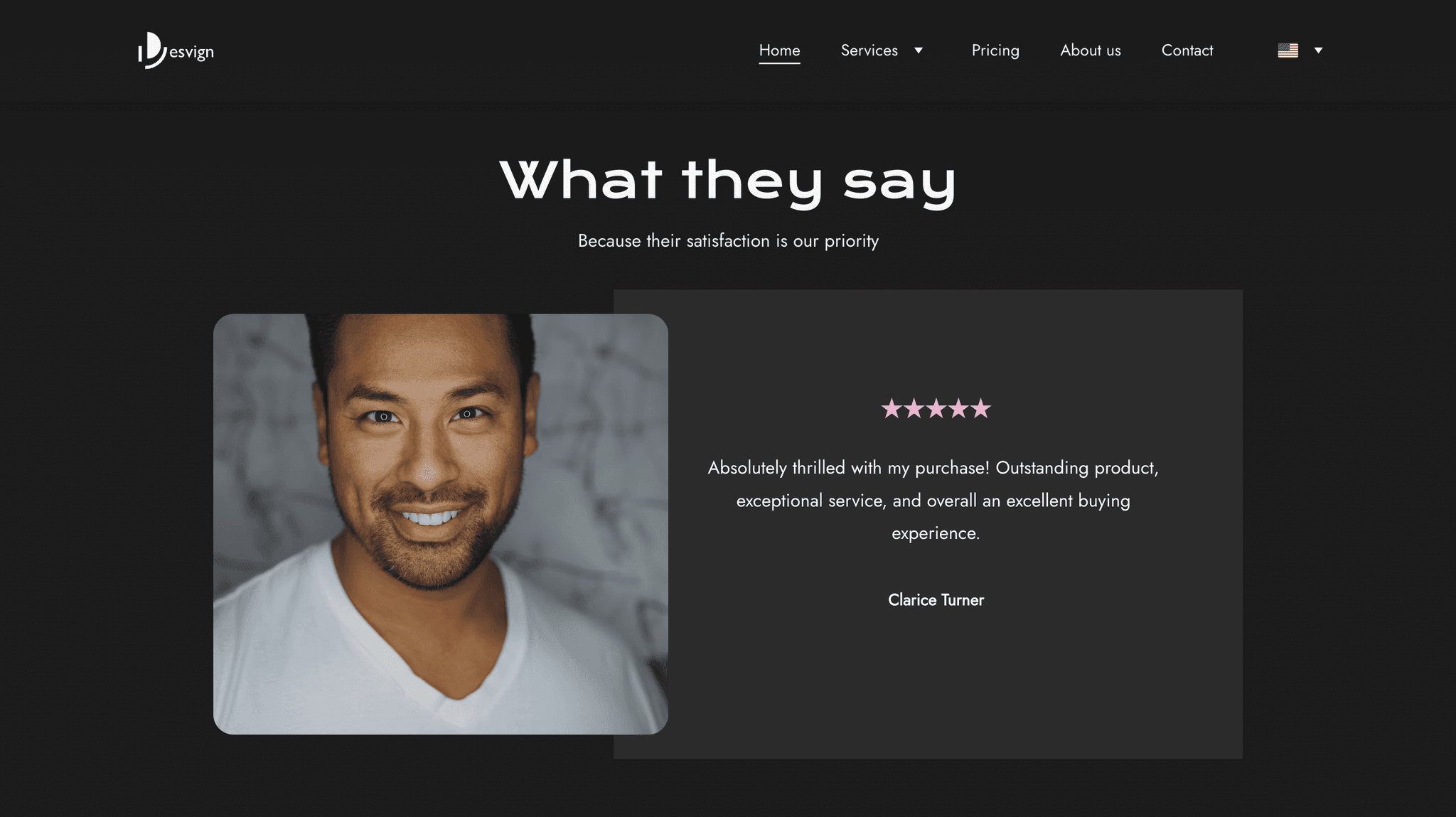 Screenshot of the ‘What they say’ testimonial section with a smiling man’s headshot, a five-star rating, and a positive review. 