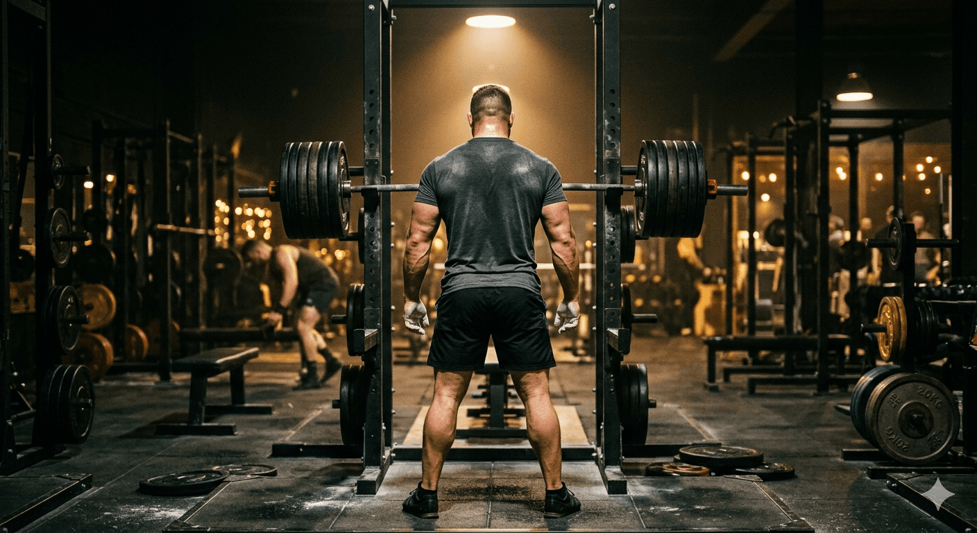 Muscular man from behind preparing to deadlift heavy barbell in power rack inside gym.