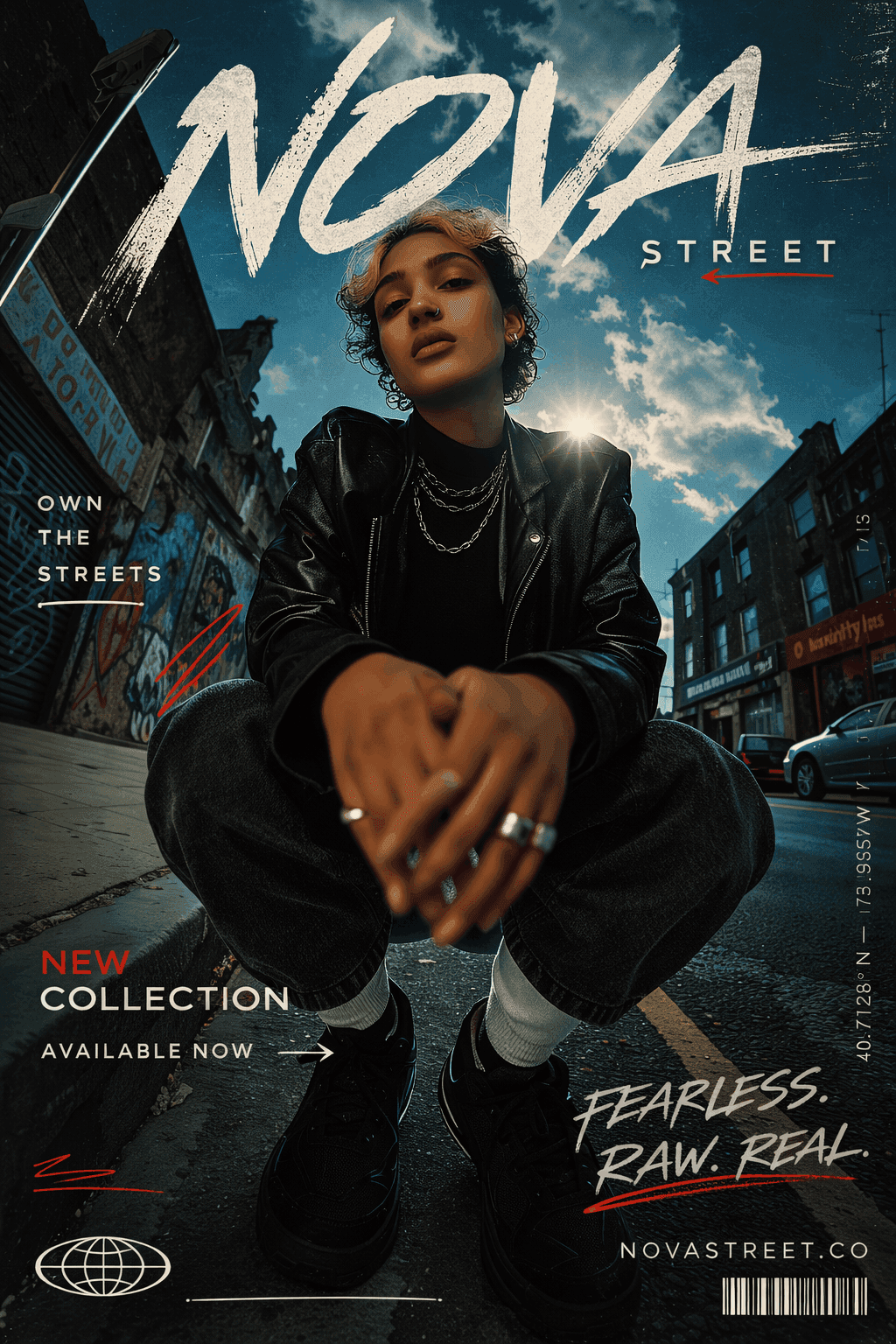 Streetwear poster design for Nova Street collection with urban model, bold typography and “New Collection Available Now” messaging