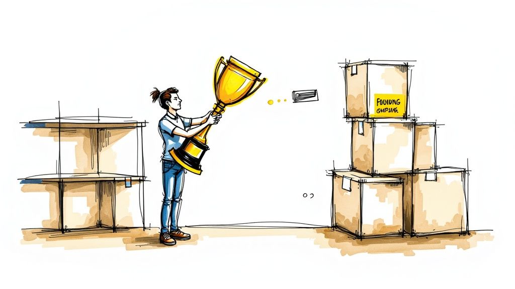 Business person holding large trophy celebrating success with achievement podium nearby illustration