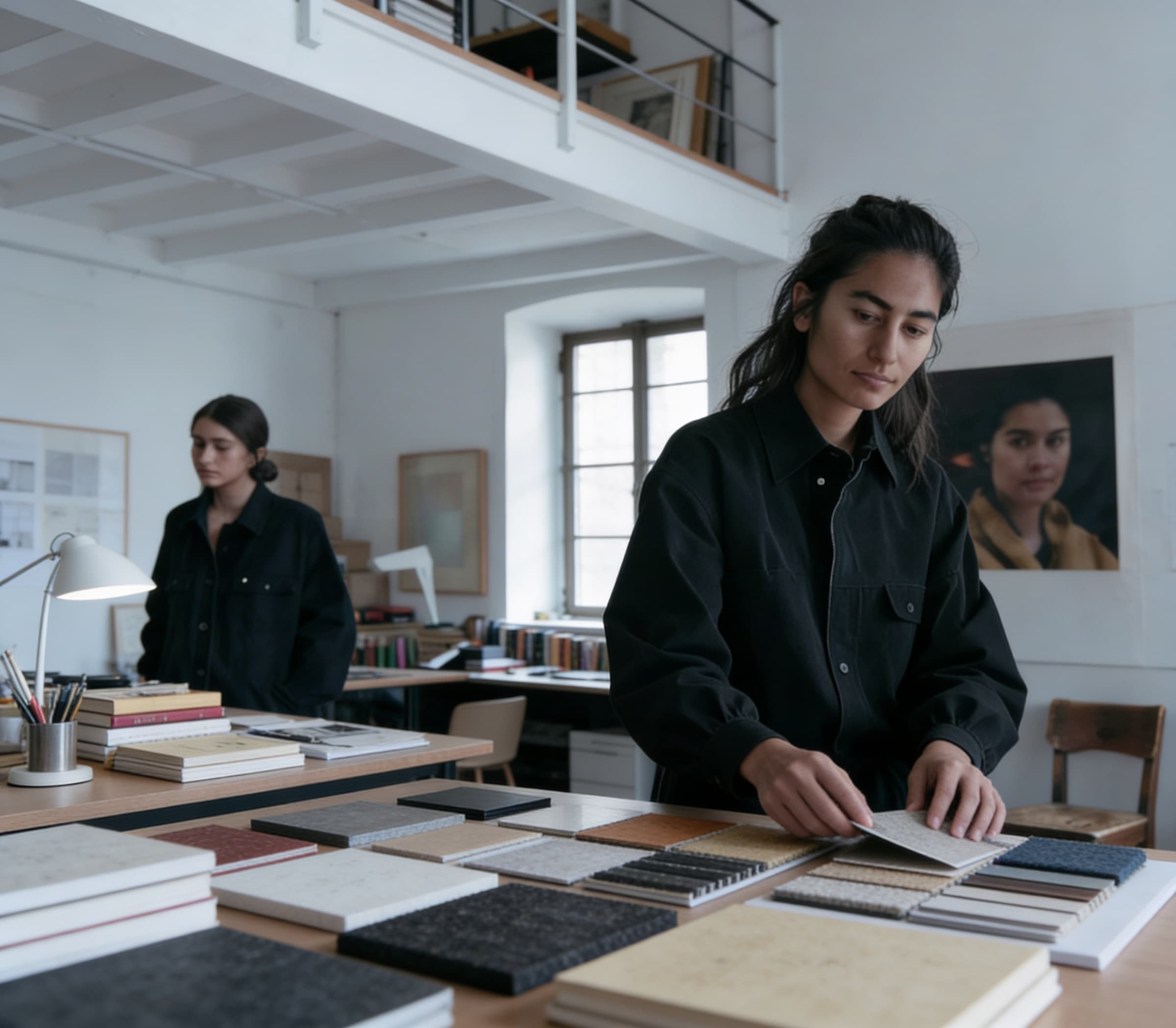 Designers comparing stone and fabric samples on a large workspace table in a modern studio.
