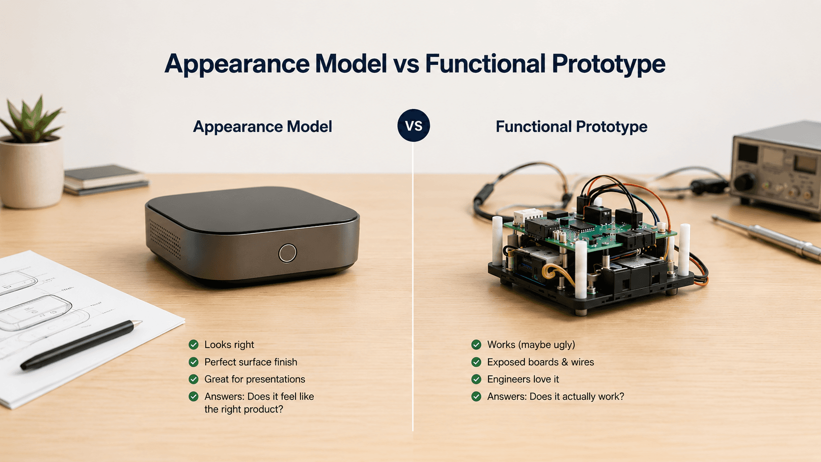 Side-by-side comparison of a polished appearance prototype and an exposed functional prototype for the same hardware product.