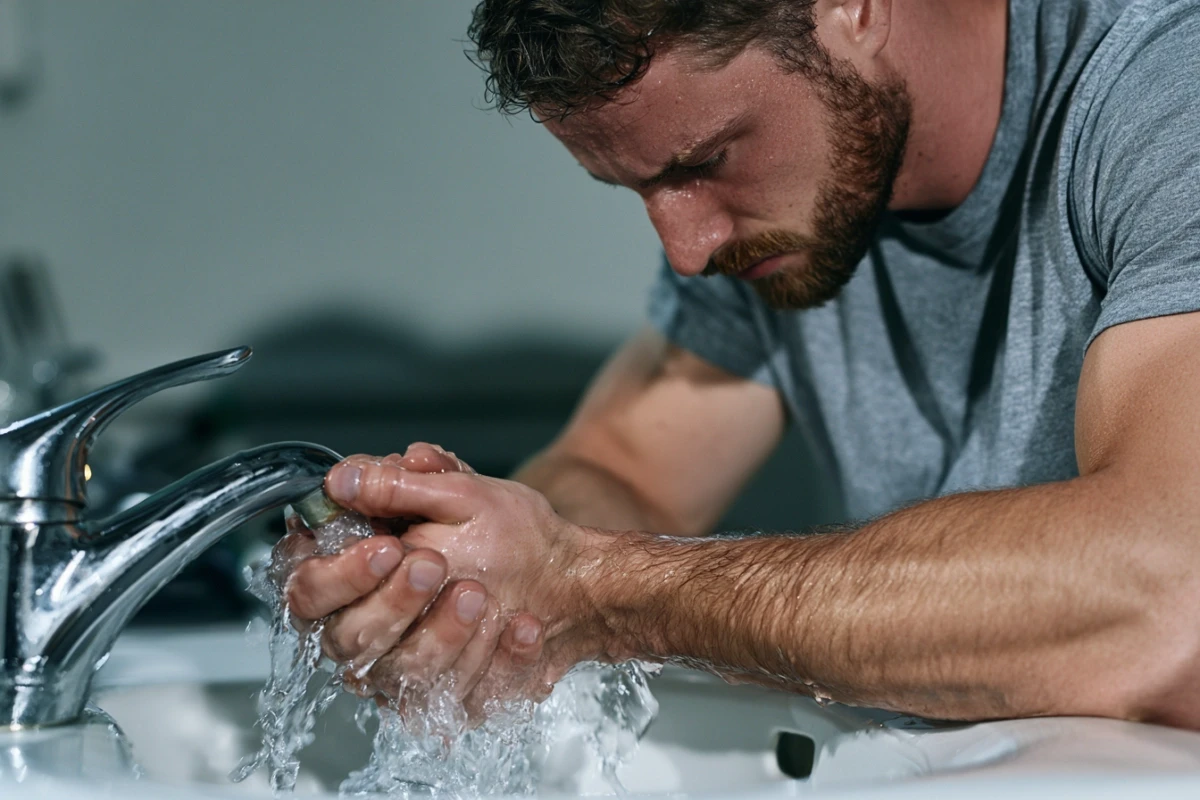 Man holding his wrists under running cold water at a sink.