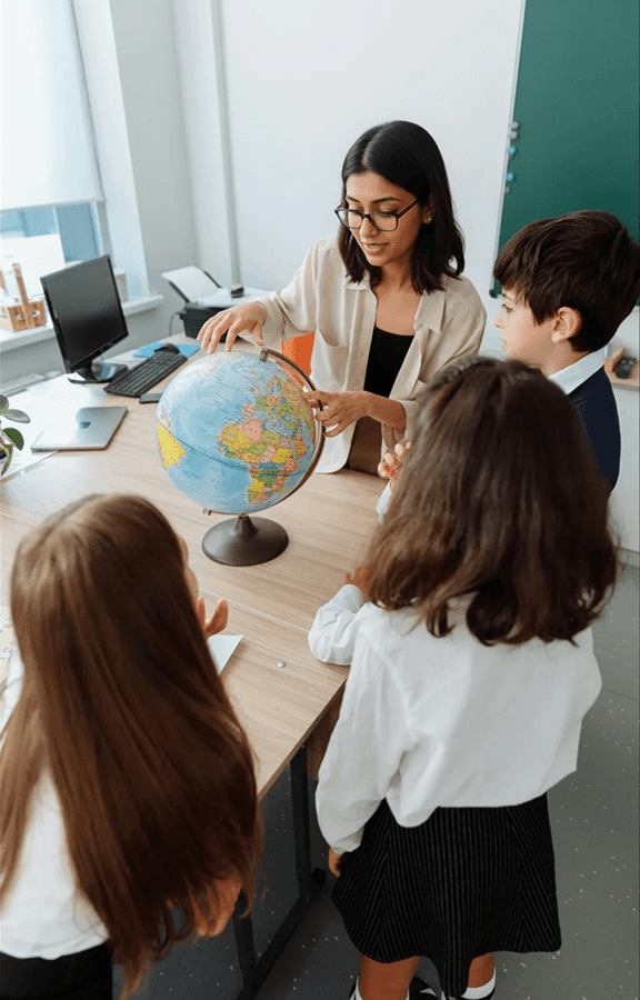 A teacher is showing a globe to a group of students, pointing to different locations as the students watch attentively