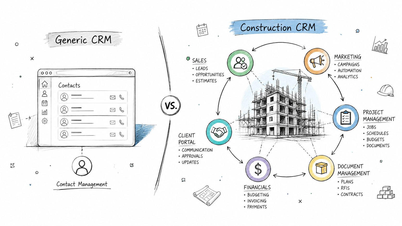 A diagram comparing a generic contact management CRM with a specialized construction CRM featuring integrated project tools.