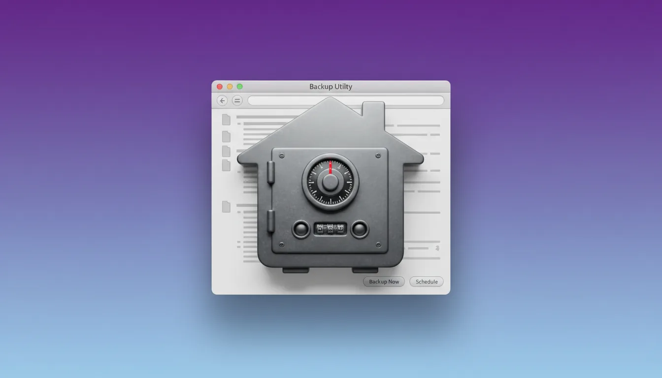 3D render of a skeuomorphic icon, a house-shaped safe with a combination lock dial, made of matte brushed metal with rivets. The icon is layered on top of a classic macOS software application window for a backup utility. The application UI is in Clean Light Mode, with a white background, grey buttons, and abstracted text lines. The scene has soft global illumination casting a gentle drop shadow, set against a simple purple and blue gradient studio backdrop.