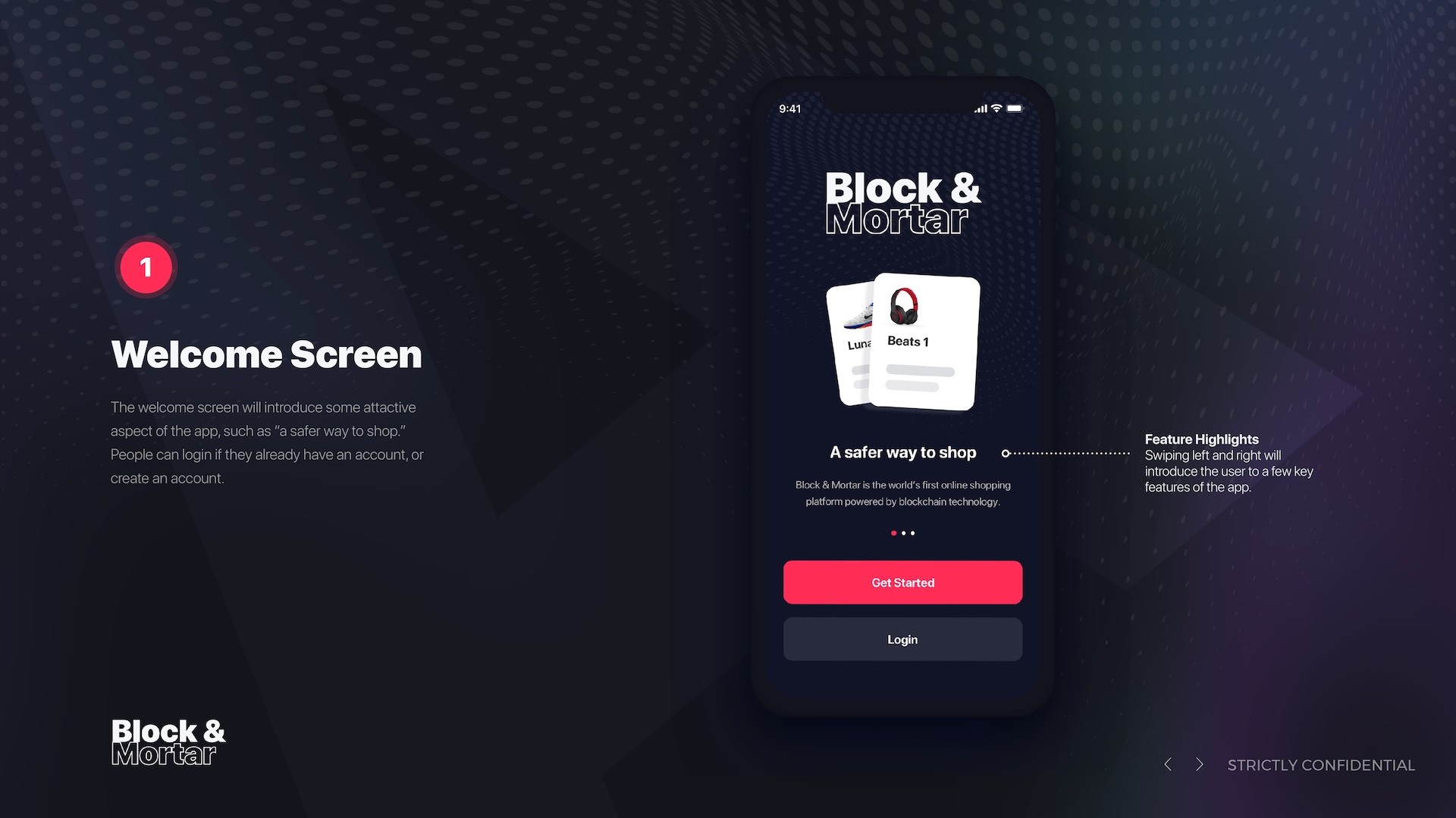 Block & Mortar welcome screen UX design showing dark mode mobile interface with product card carousel featuring Beats headphones, tagline "A safer way to shop" describing blockchain-powered online shopping platform, pink Get Started button and Login option on dark textured background