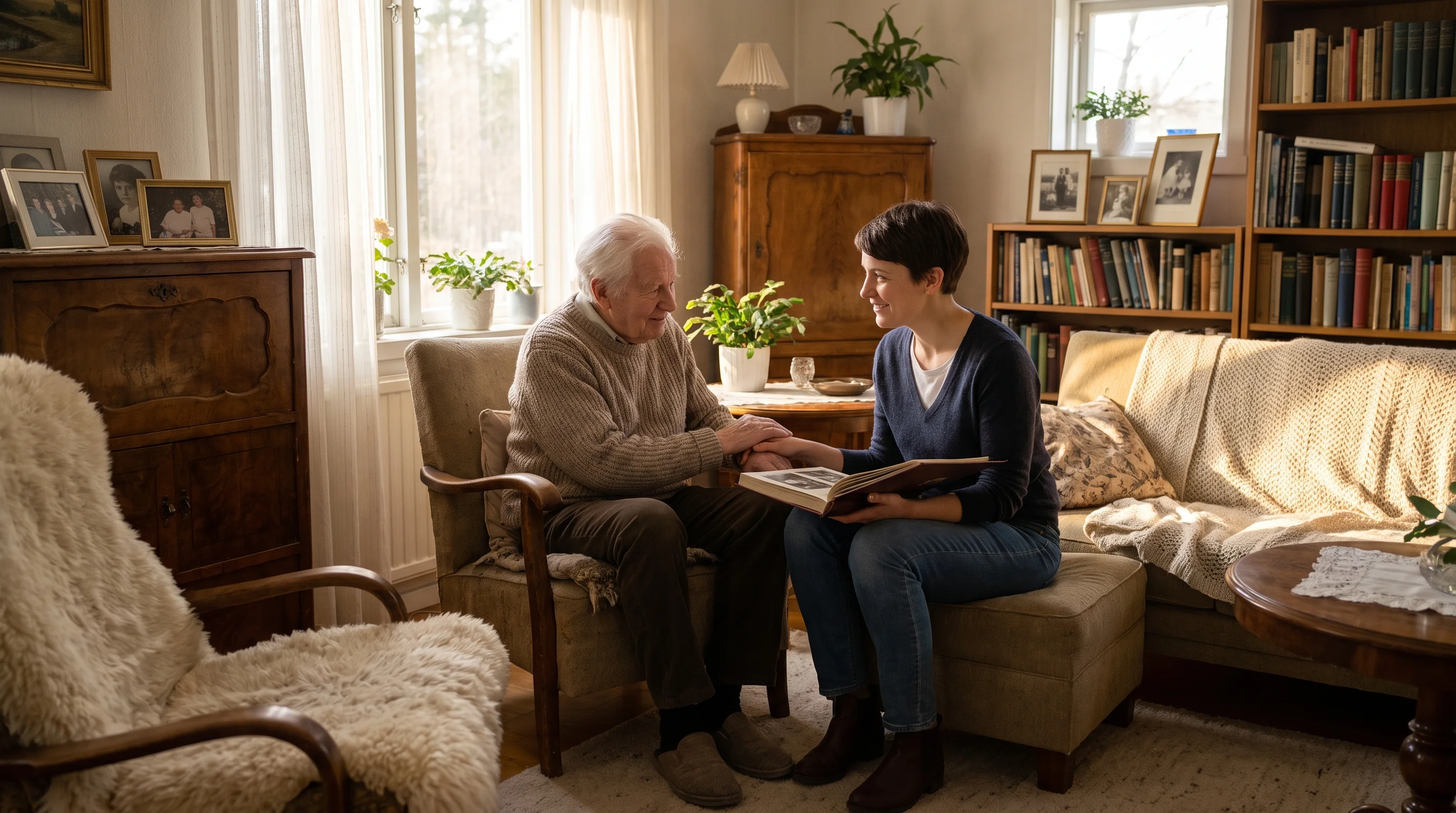 An older adult and family member holding hands in a quiet moment of support