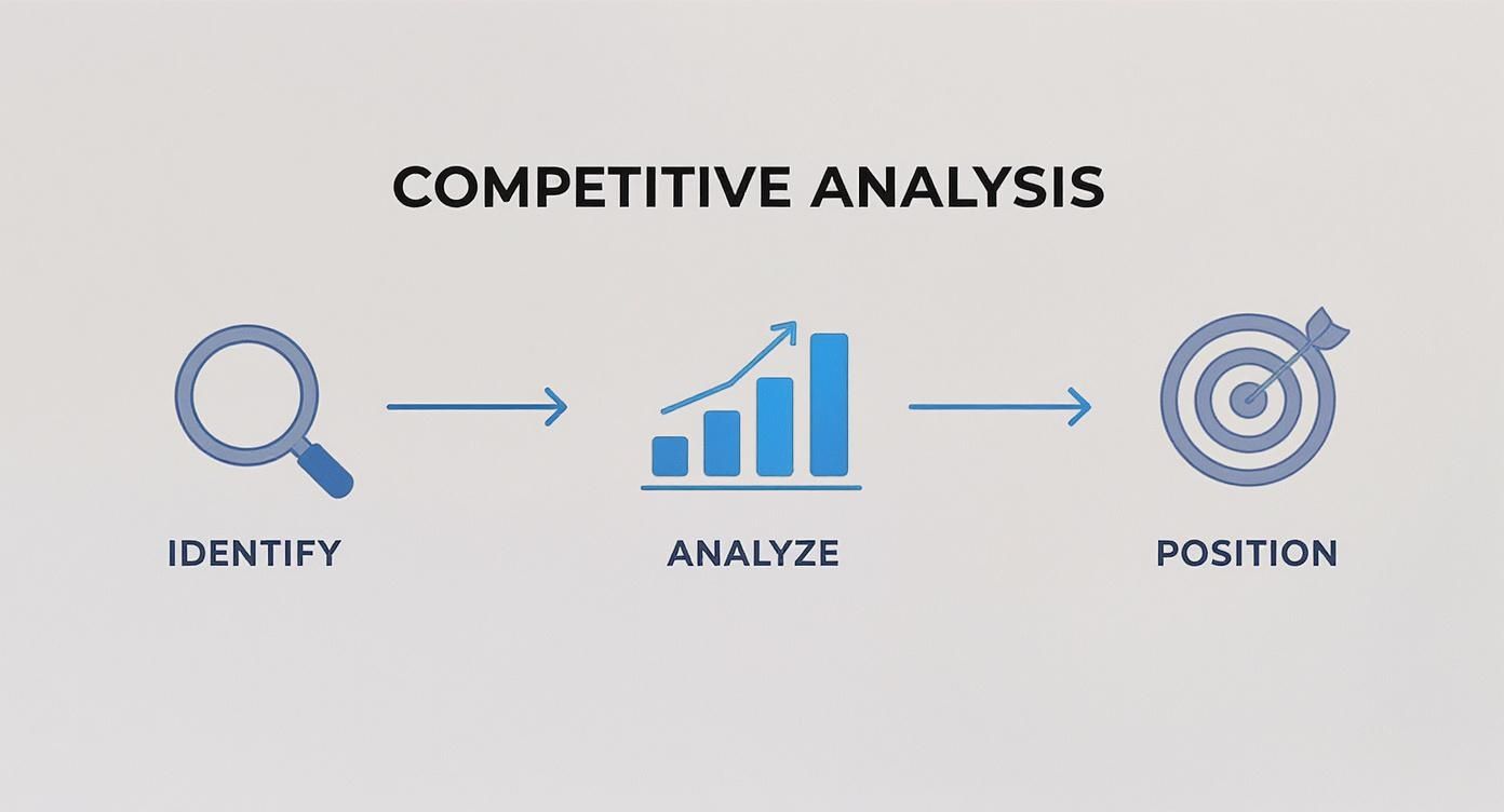 Infographic showing a three-step process for competitive analysis: Identify, Analyze, Position.