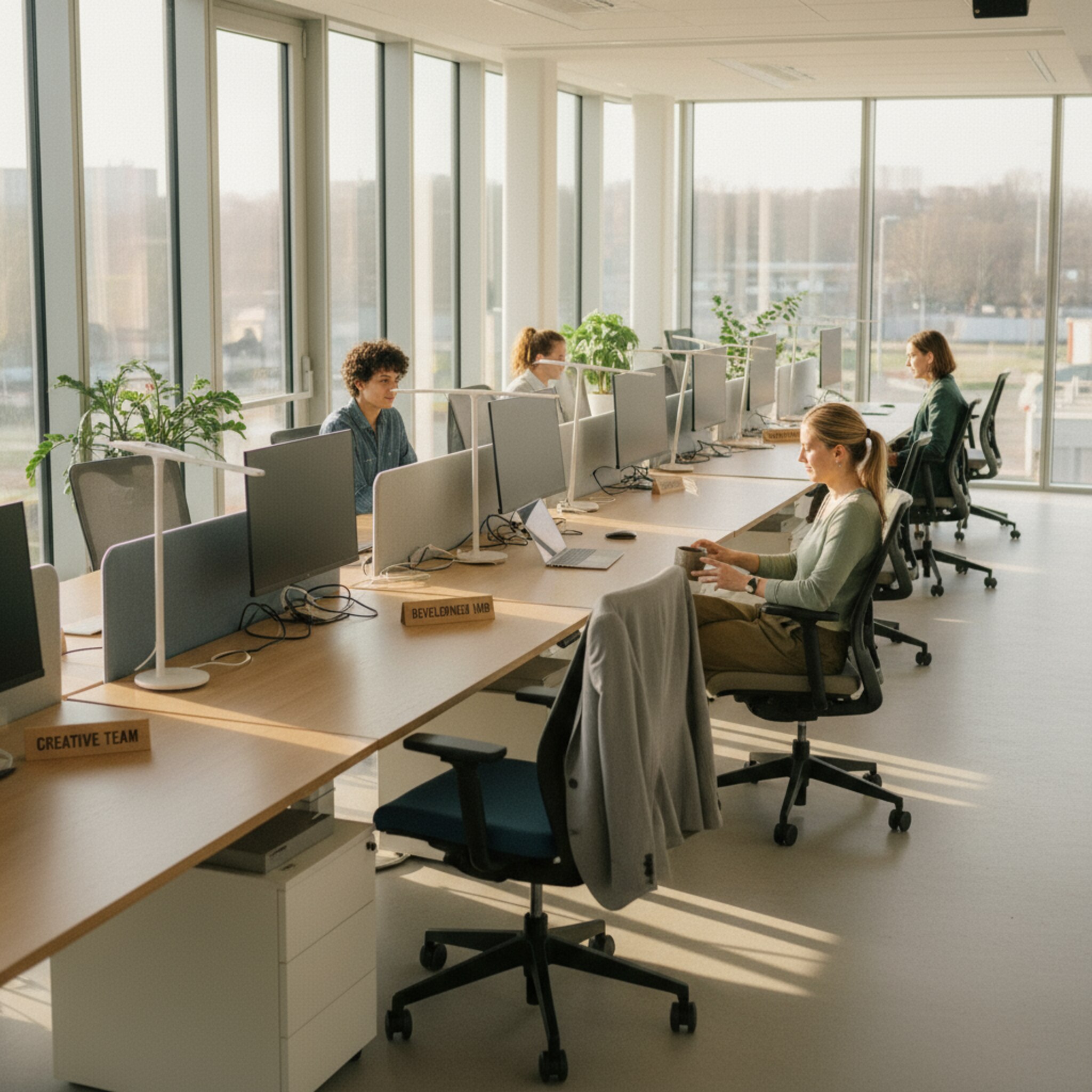 Ein sonniger Bereich im Büro zeigt eine Reihe höhenverstellbarer Desks entlang einer Fensterfront. Kleine, dezente Schilder markieren Team-Nachbarschaften. Eine Person legt eine Jacke über den Stuhl, eine andere stellt eine Kaffeetasse ab und nimmt Platz. Zwischen freien und belegten Plätzen bleibt Luft und Ruhe zum Arbeiten.
