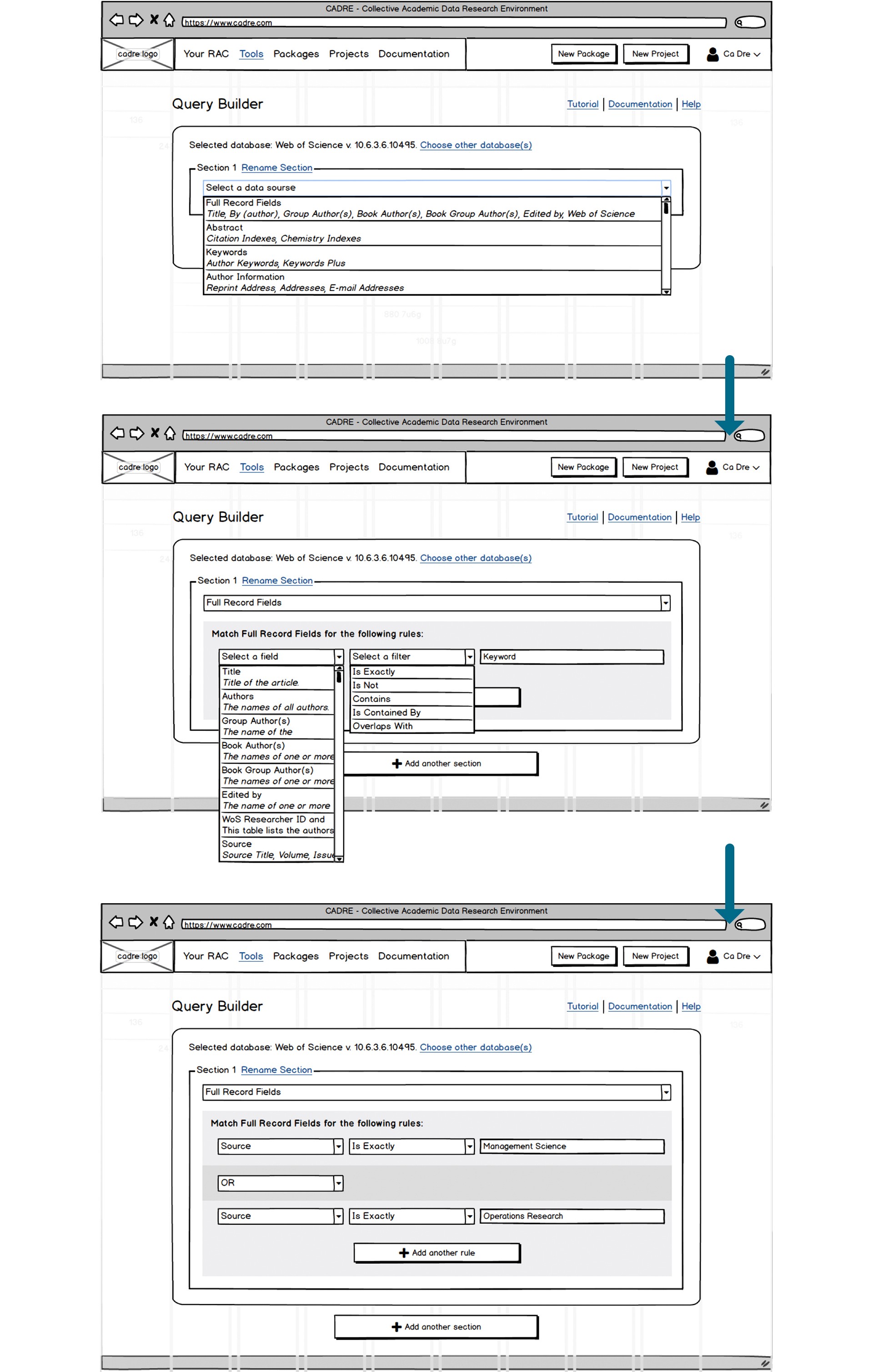 Part of the Query Builder user flow. User selects the field to query, define the logical rules to match; multiple rules can be added. Allowing adding multiple section in one "query build" enables users to build data pipelines, instead of separated queries.