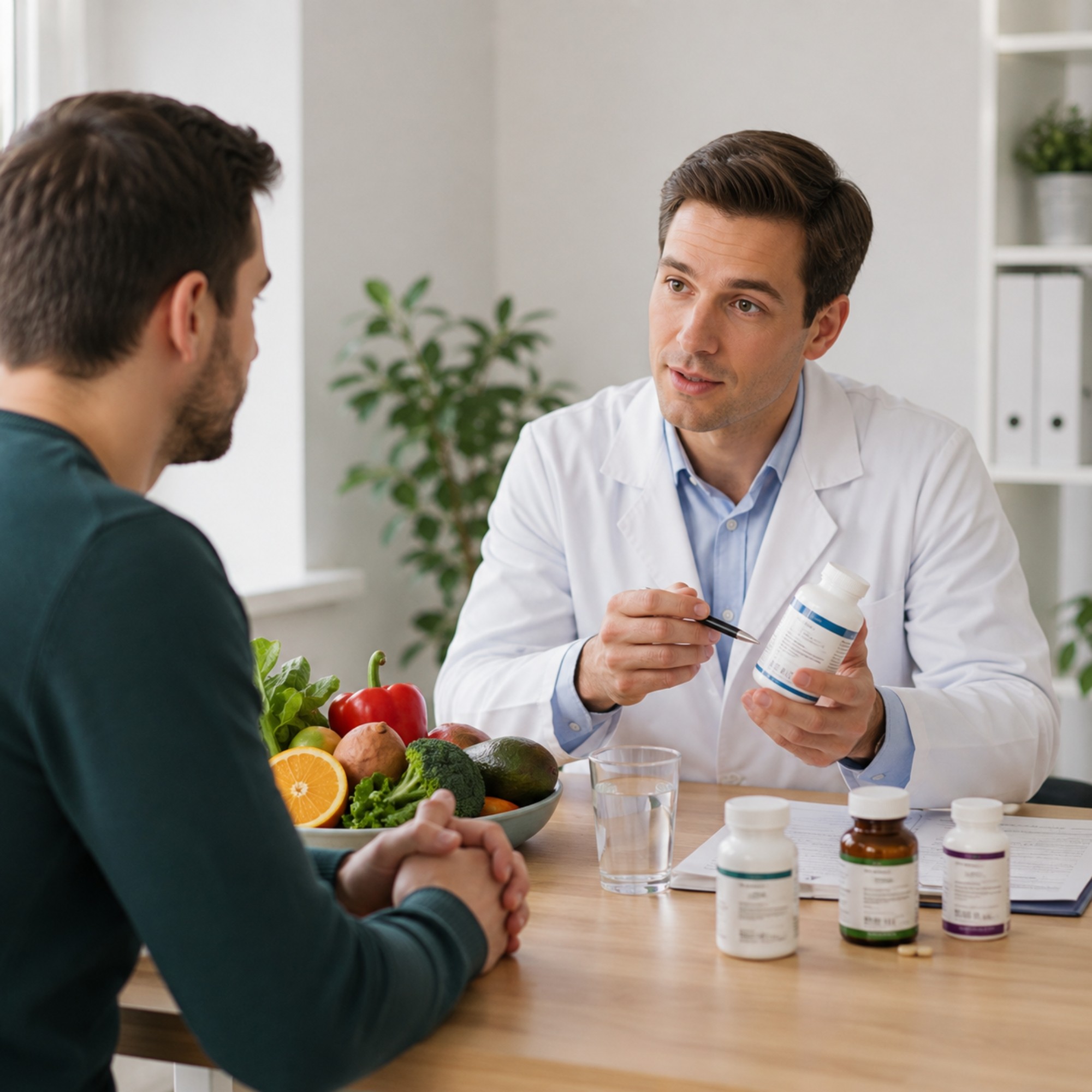 Patiënt bespreekt voeding, supplementen en haarverlies met een specialist tijdens een medisch consult, met gezonde voeding en supplementen zichtbaar op tafel.
