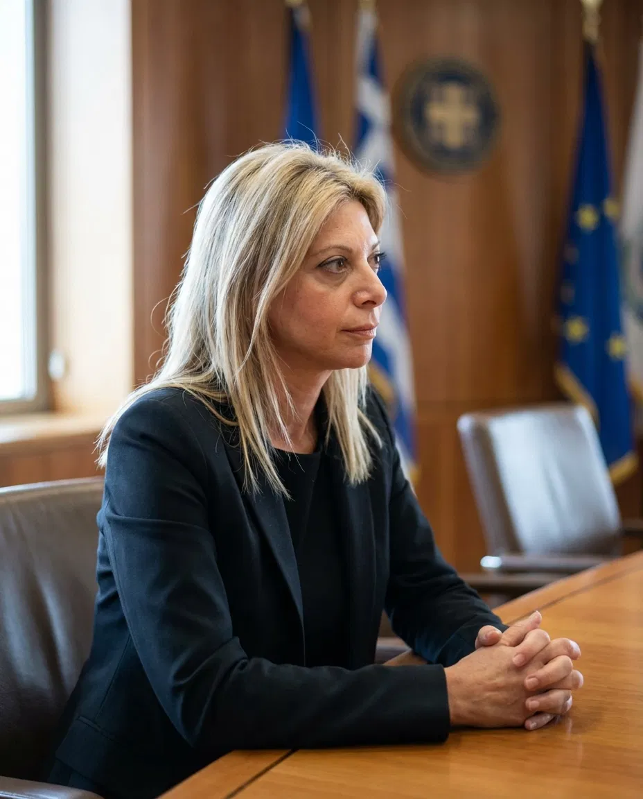 Portrait of Maria Karystianou in a neutral political setting.